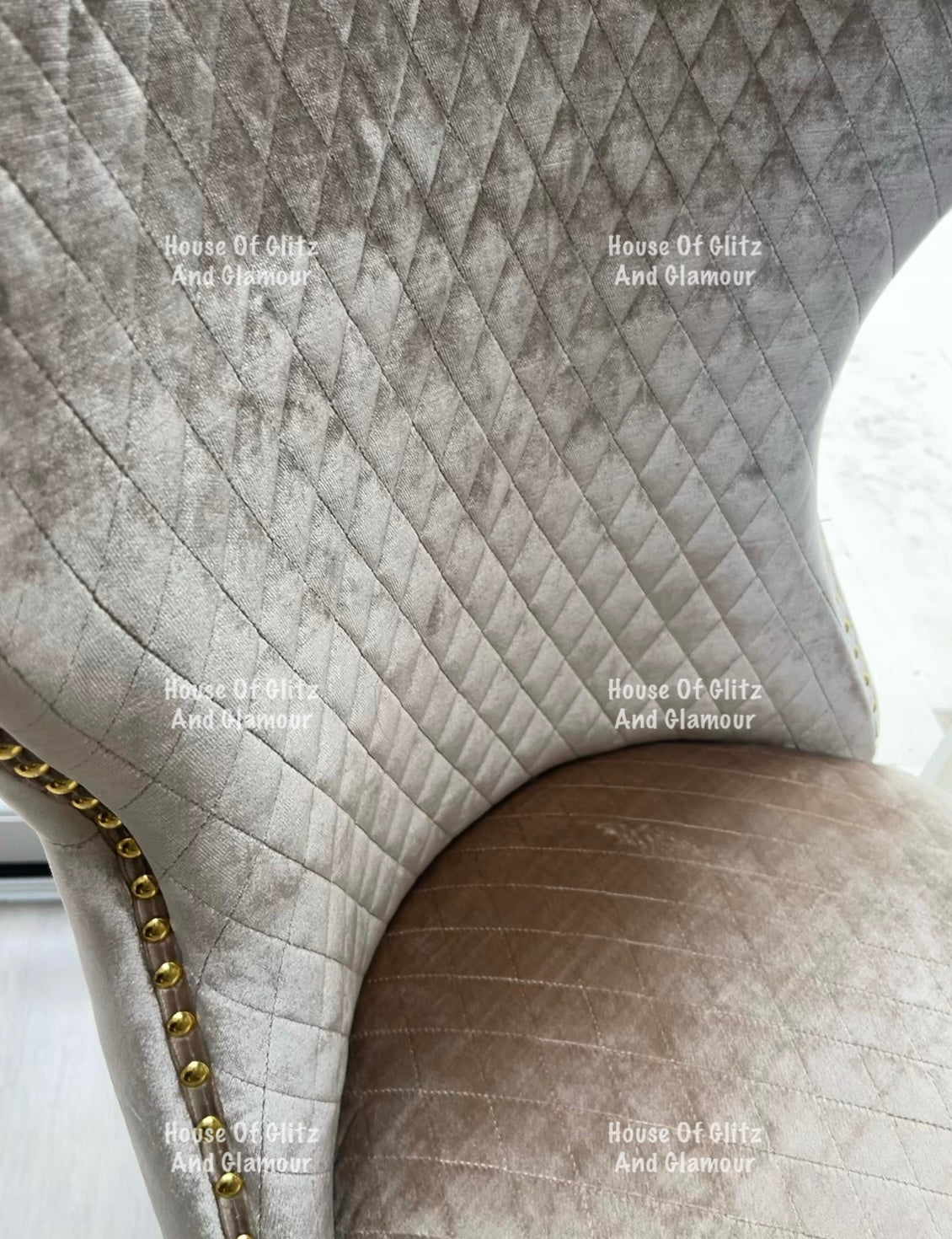 Valentina Mink Champagne Crushed Velvet & Gold Lion Knocker Winged Back Quilted Dining Chair