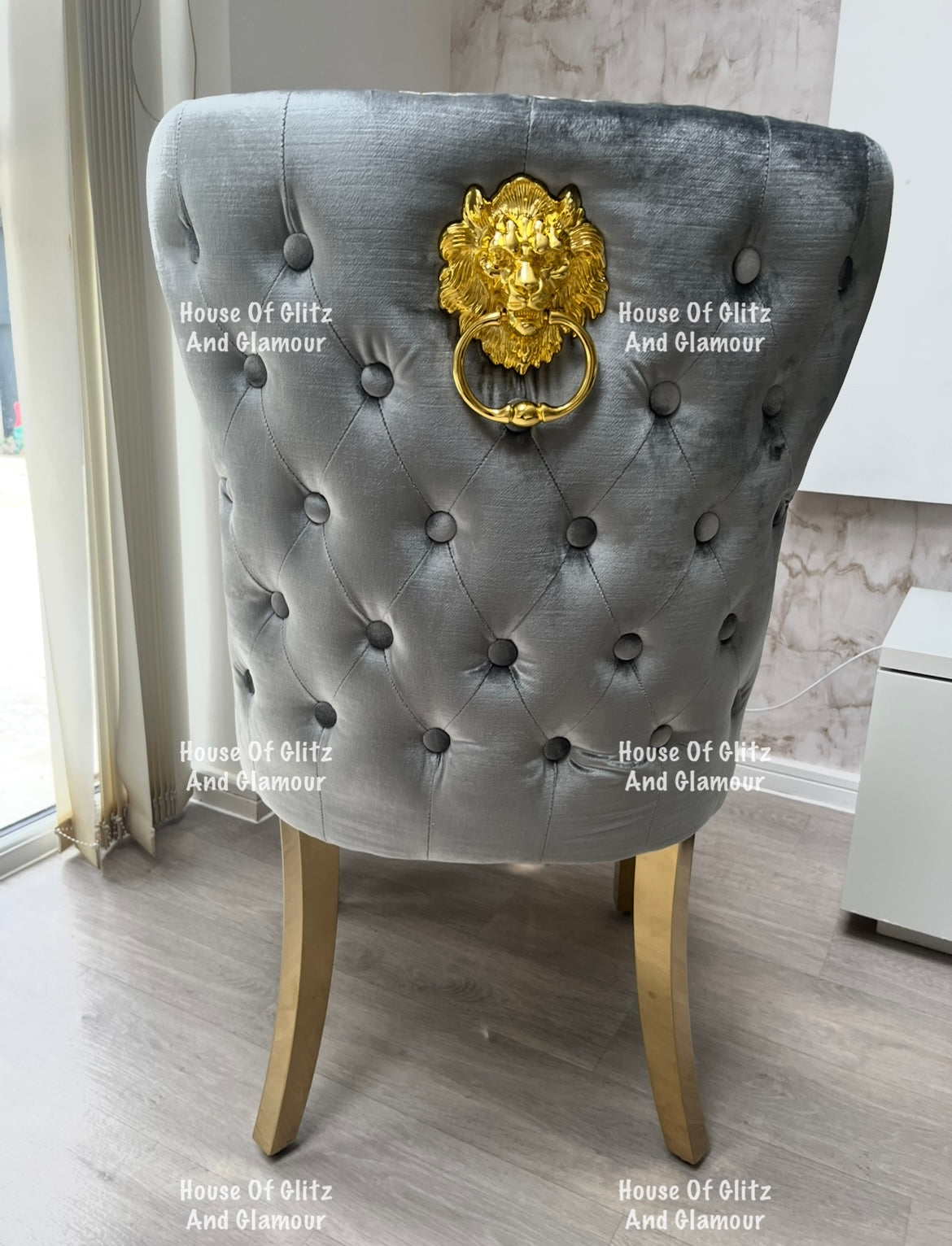 Valentina Grey Crushed Velvet & Gold Lion Knocker Winged Back Quilted Dining Chair