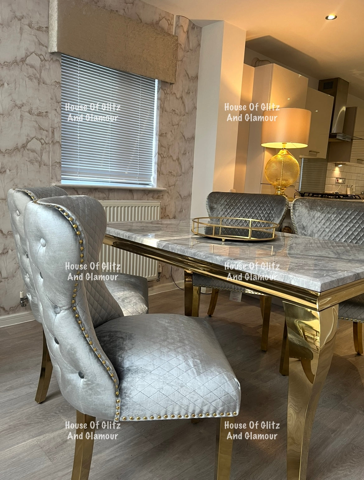 Louis 1.5 Gold Dining Table Set With Grey Marble & Grey & Gold Valentina Velvet Studded Back Dining Chairs x 4
