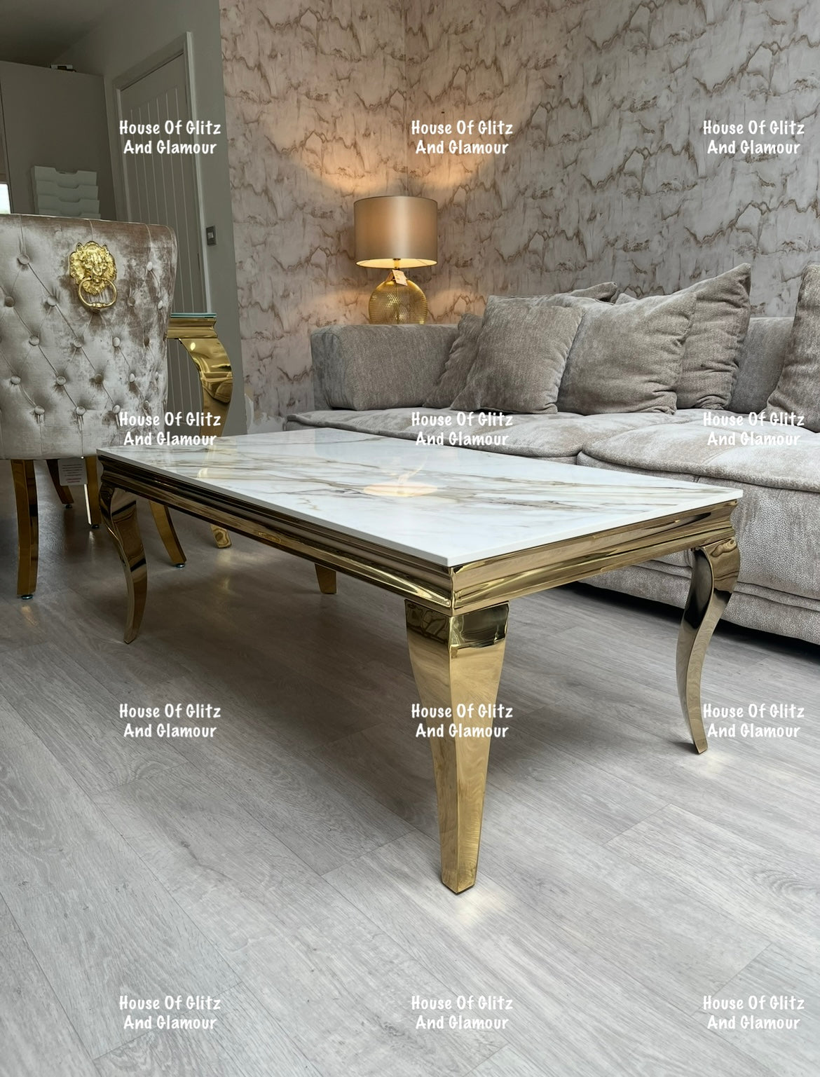 Louis Gold Coffee Table With Kata Gold Marble Patterned Ceramic Top  120cm x 60cm x 42cm