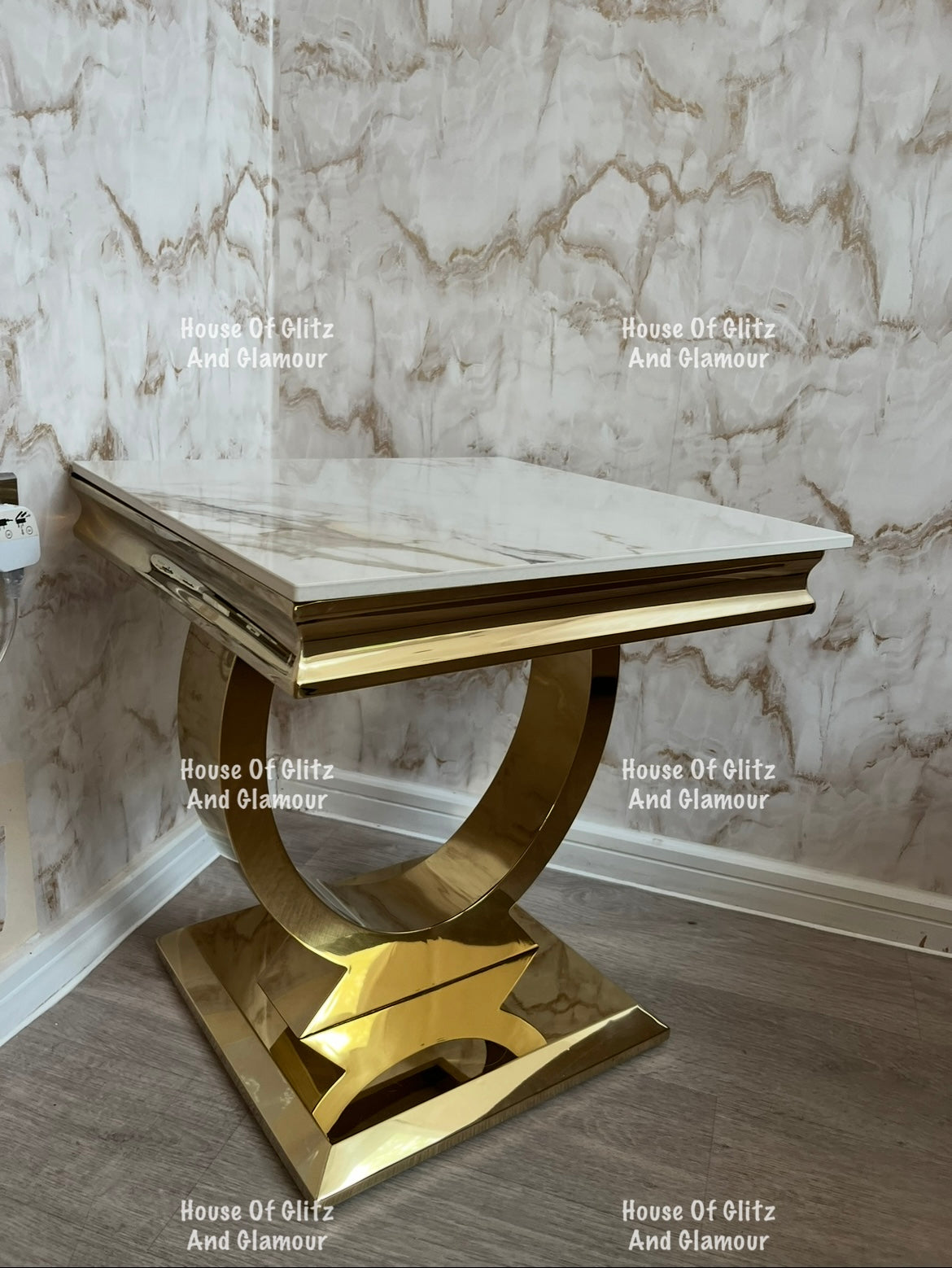 Arianna Kata Gold Marble Patterned Sintered Stone Top & Gold Circular Base Lamp / Side Table 50cm x 50cm