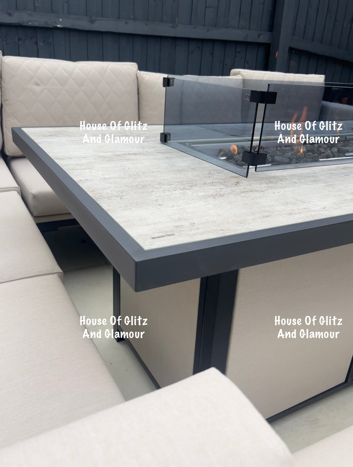 Vancouver Cream 10 Seater Aluminium L Shape Corner Sofa Dining Set with Fire Pit Table