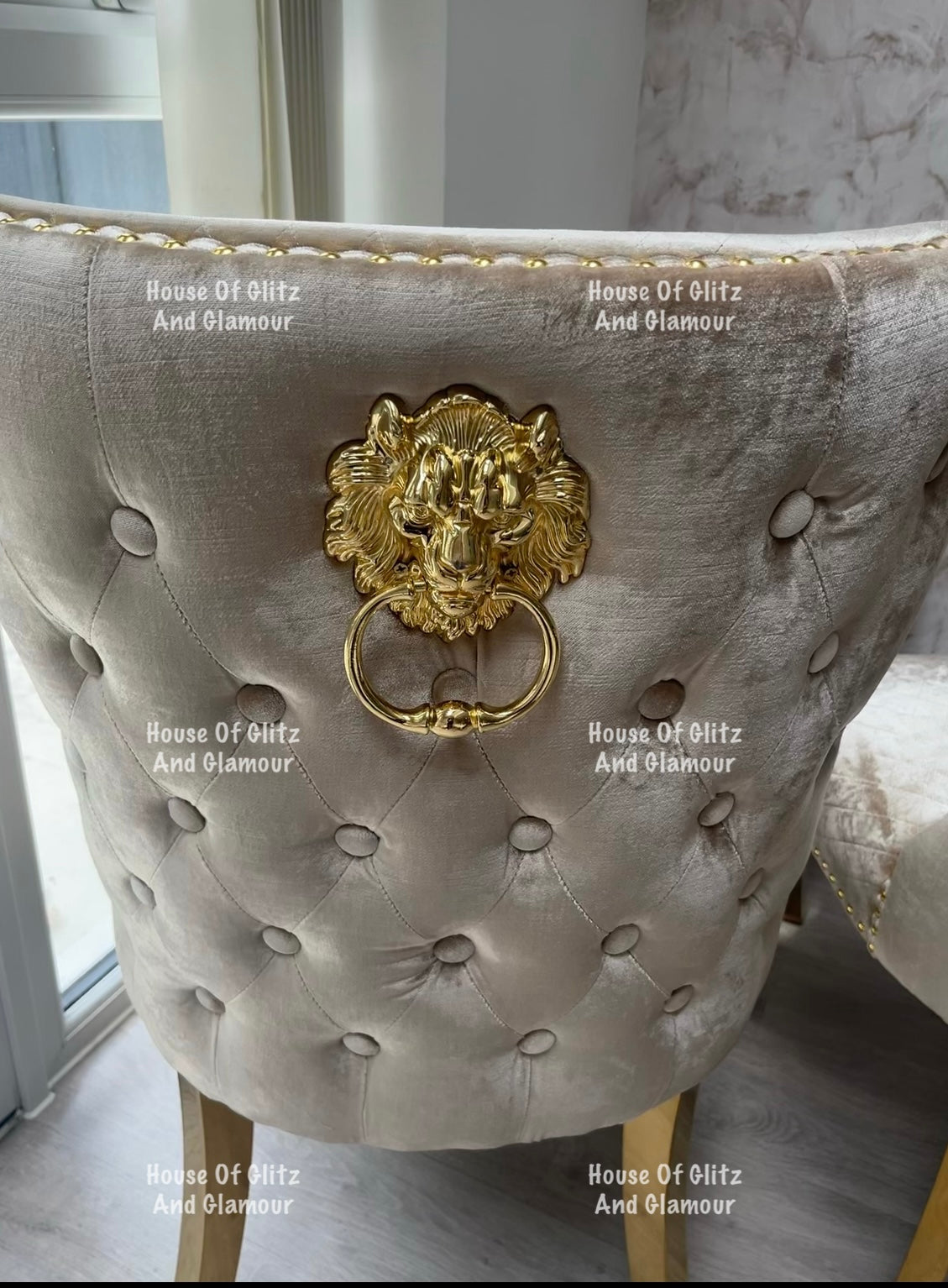 Valentina Mink Champagne Crushed Velvet & Gold Lion Knocker Winged Back Quilted Dining Chair