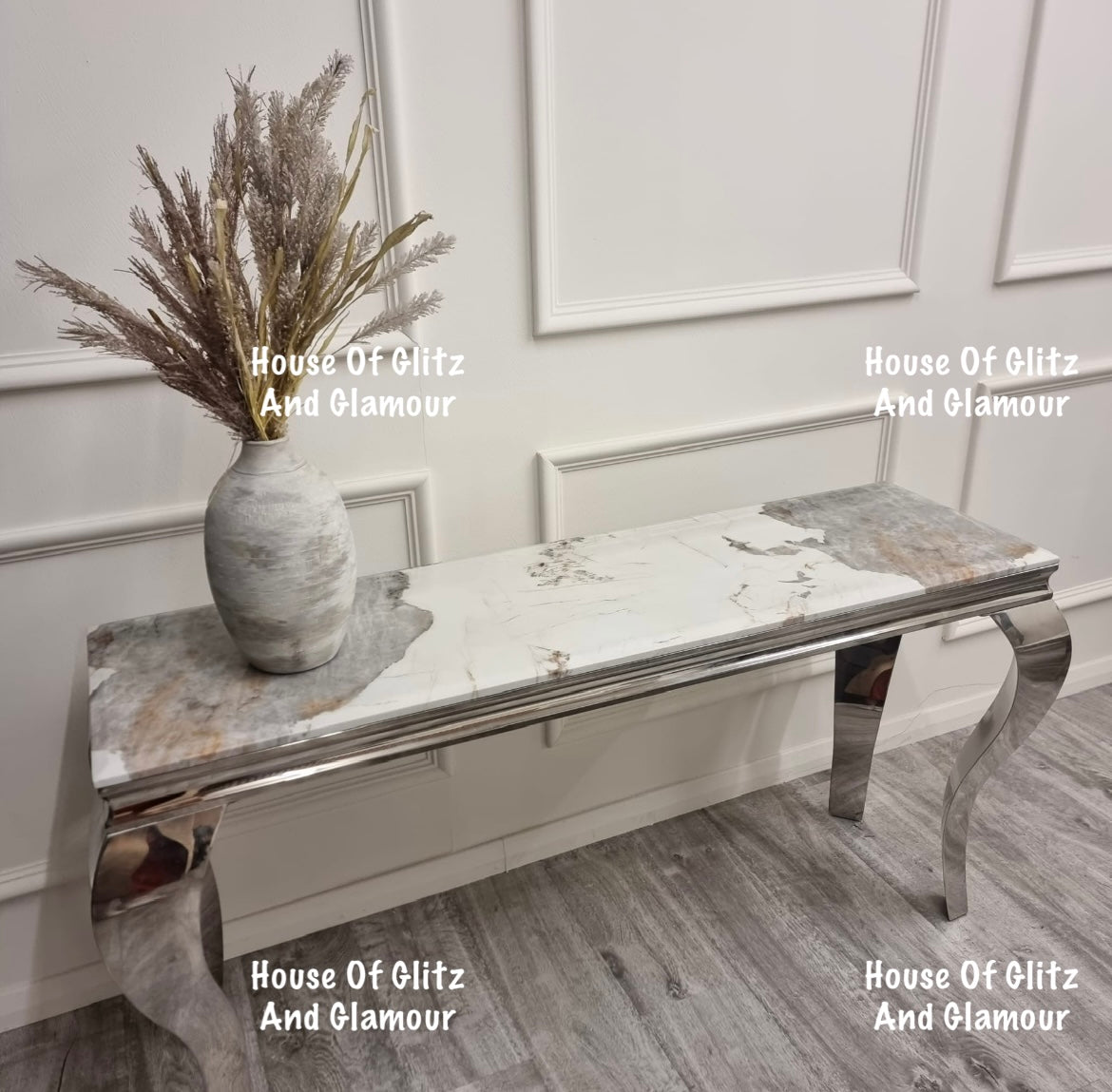 Louis Cream Console Table With Chrome Legs And Sintered Pandora Top 140cm x 40cm x 75cm
