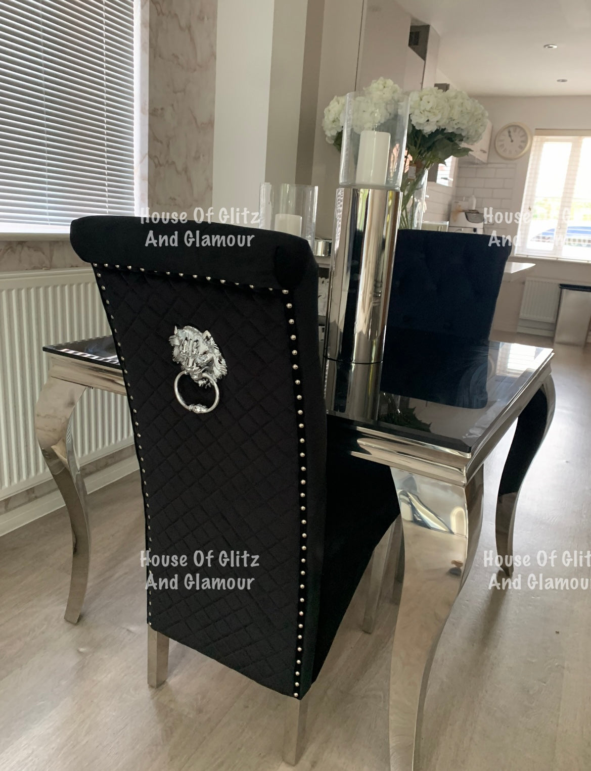 Louis Black Square 1m x 1m Glass & Chrome Dining Table + 4 Lou Lou Black & Chrome Lion Knocker Chairs