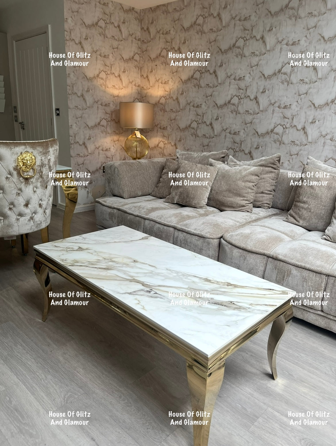 Louis Gold Coffee Table With Kata Gold Marble Patterned Ceramic Top  120cm x 60cm x 42cm