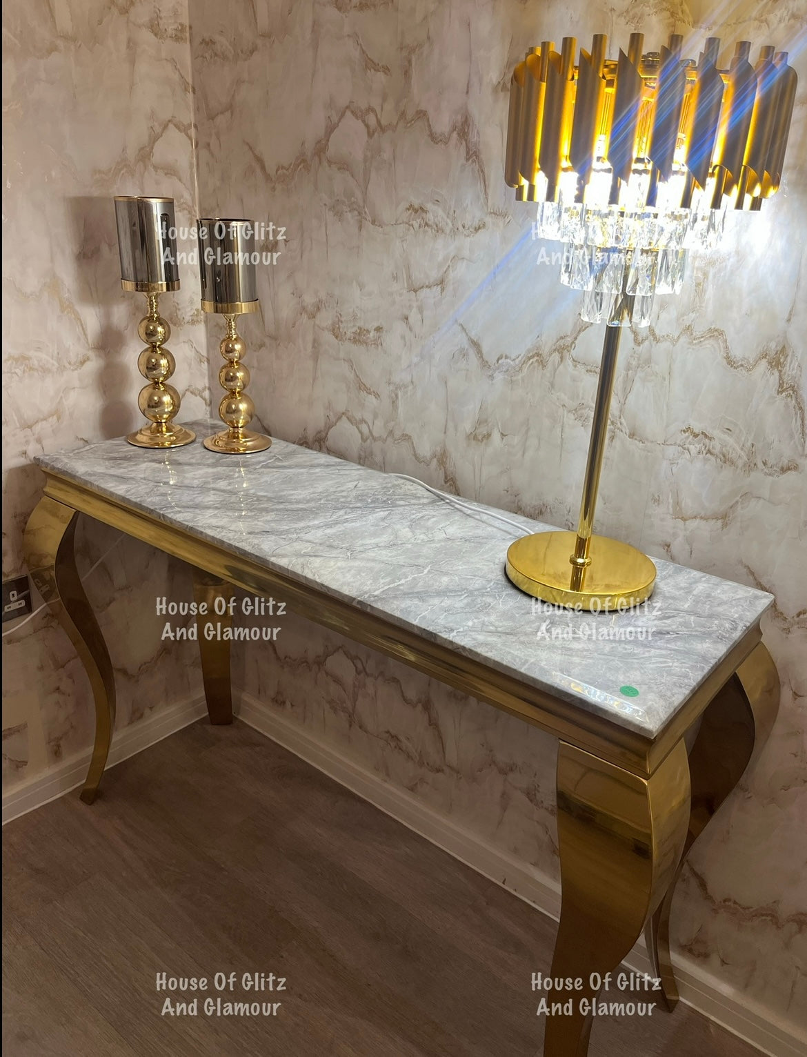 Louis Gold Console Table With Grey Marble Top  120cm x 40cm x 75cm