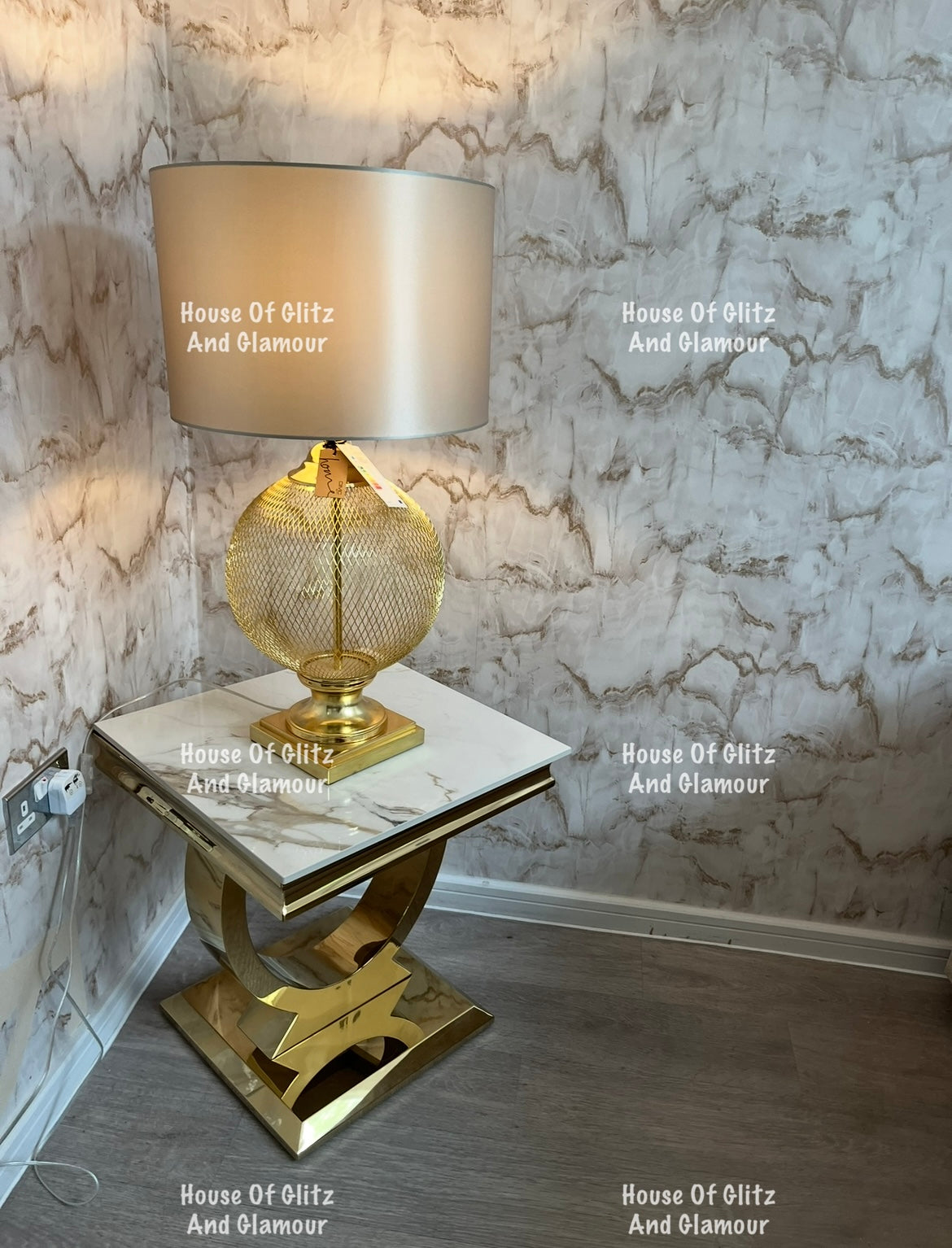 Arianna Kata Gold Marble Patterned Sintered Stone Top & Gold Circular Base Lamp / Side Table 50cm x 50cm