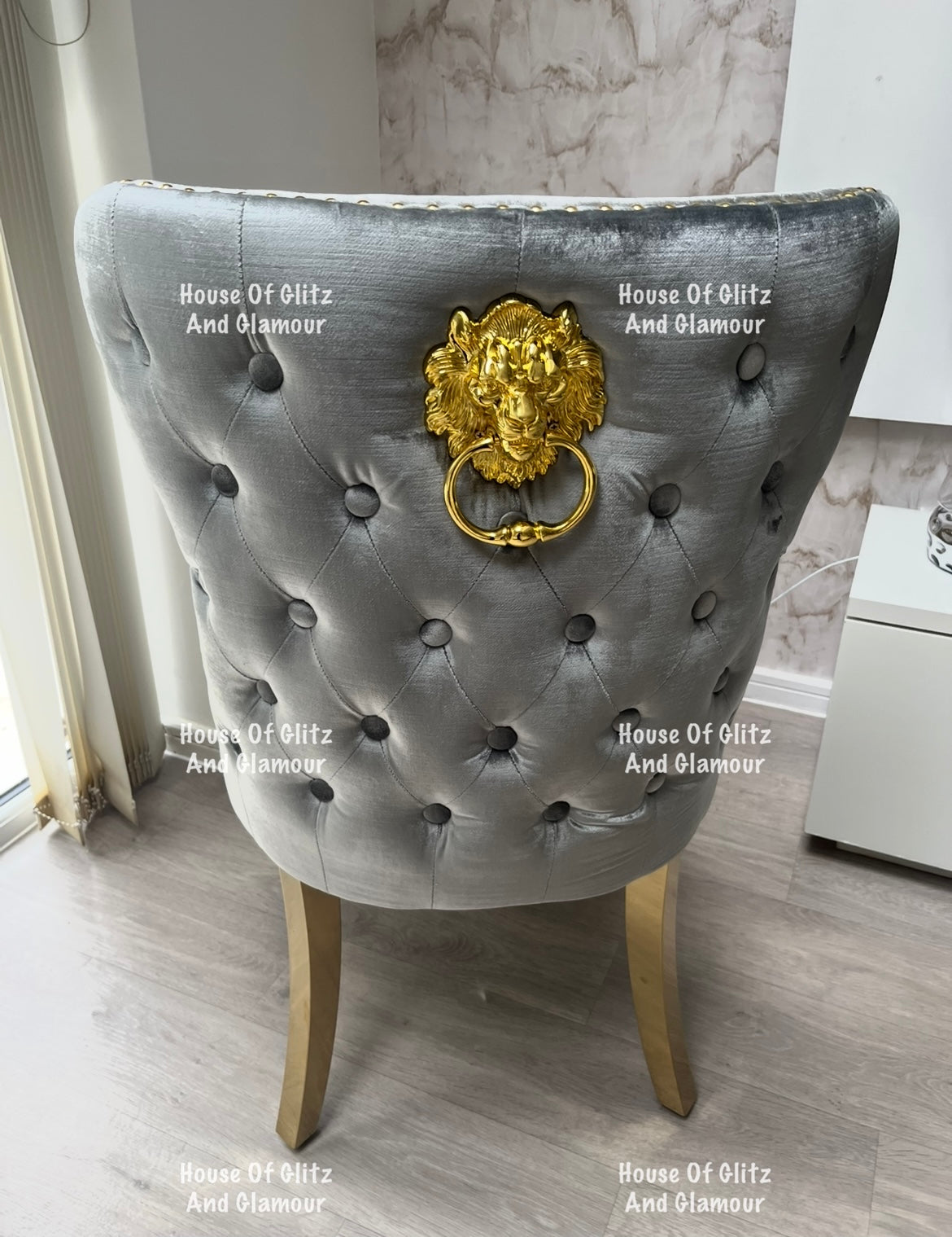 Valentina Grey Crushed Velvet & Gold Lion Knocker Winged Back Quilted Dining Chair