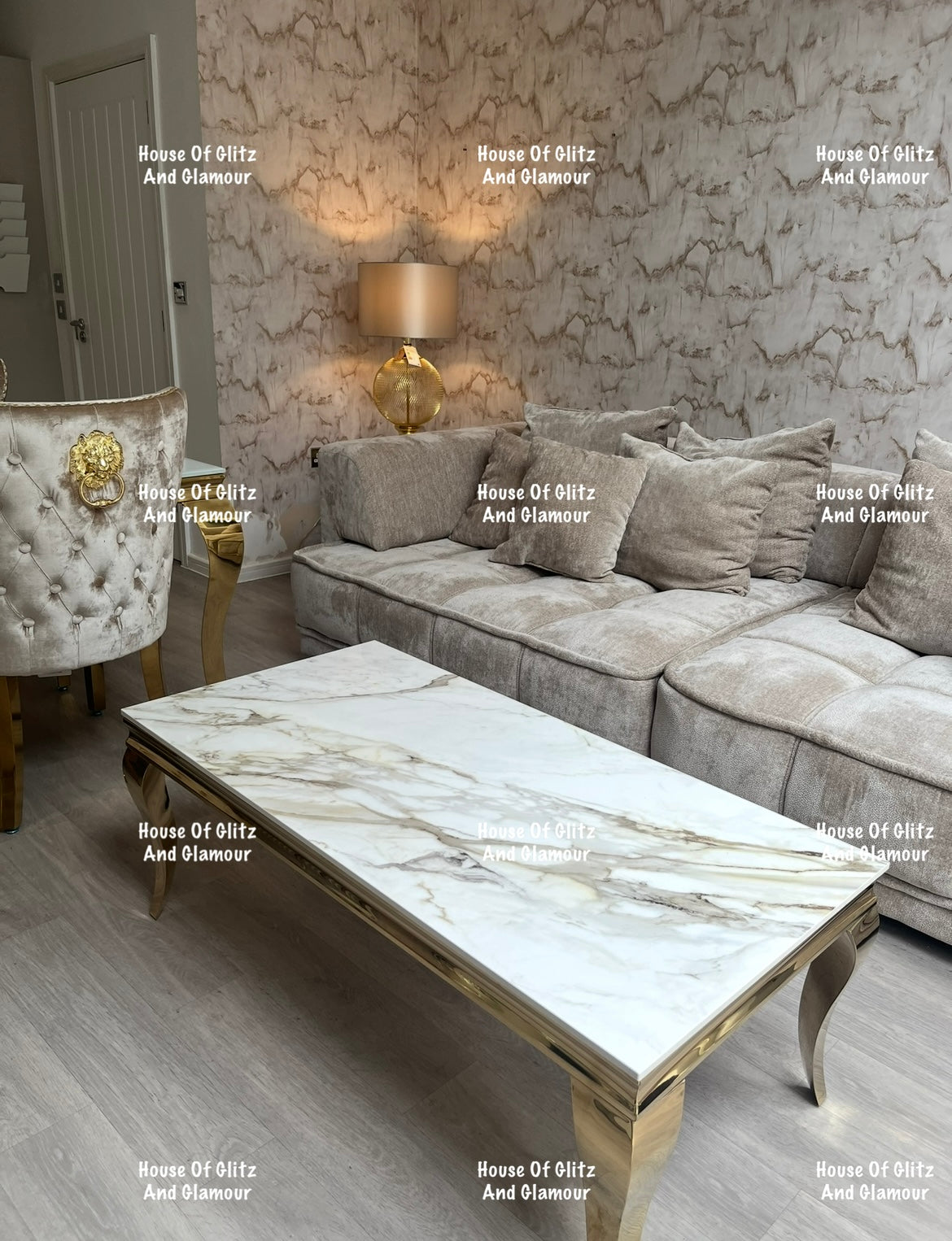 Louis Gold Coffee Table With Kata Gold Marble Patterned Ceramic Top  120cm x 60cm x 42cm