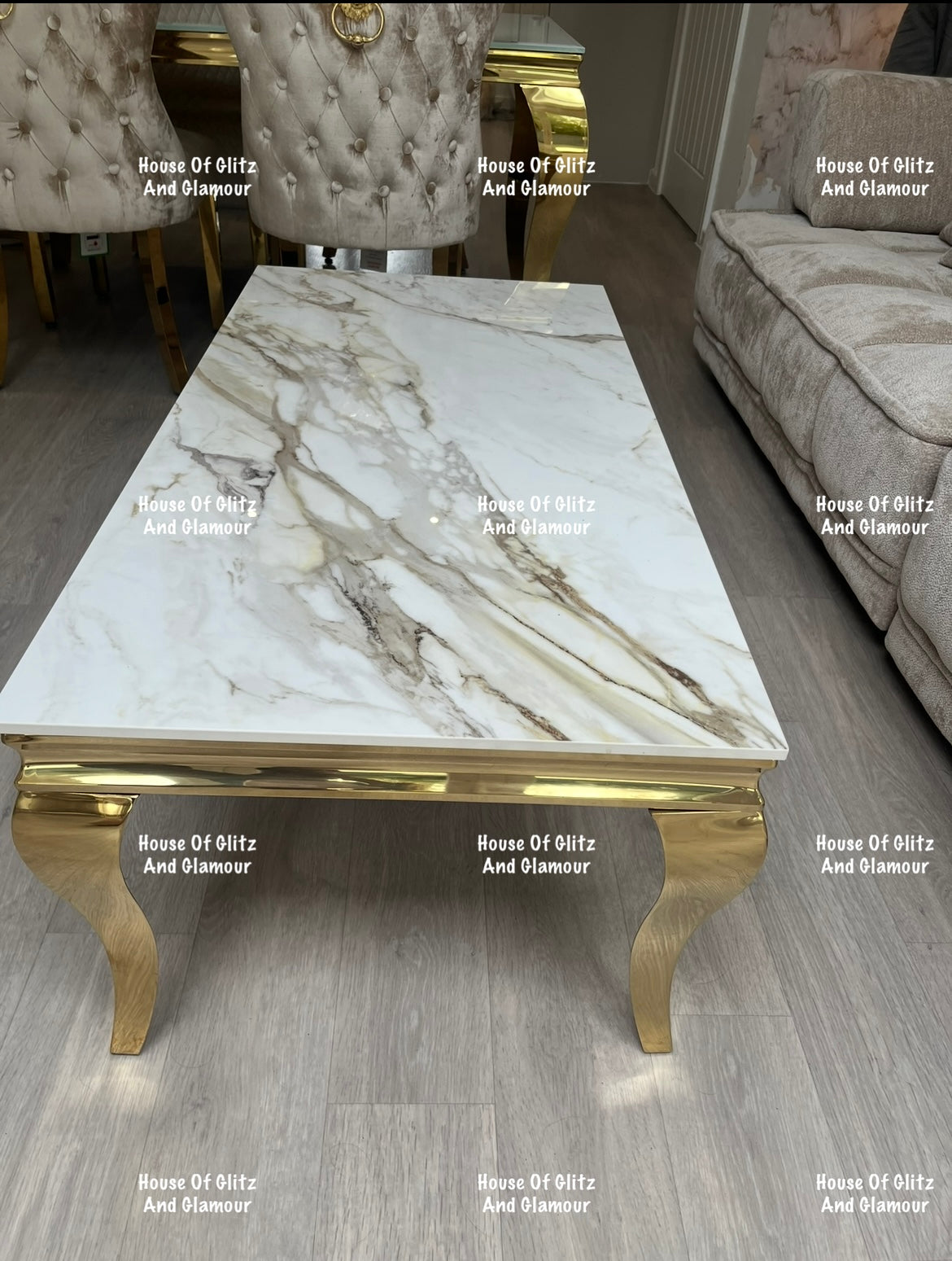 Louis Gold Coffee Table With Kata Gold Marble Patterned Ceramic Top  120cm x 60cm x 42cm