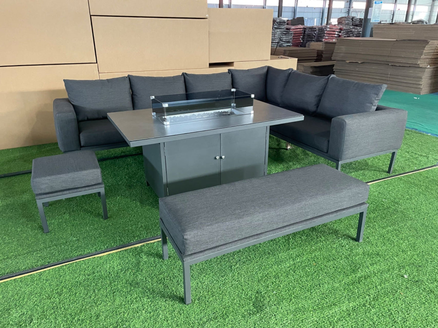 Vancouver Aluminium Firepit Garden Corner Sofa Dining Table Set