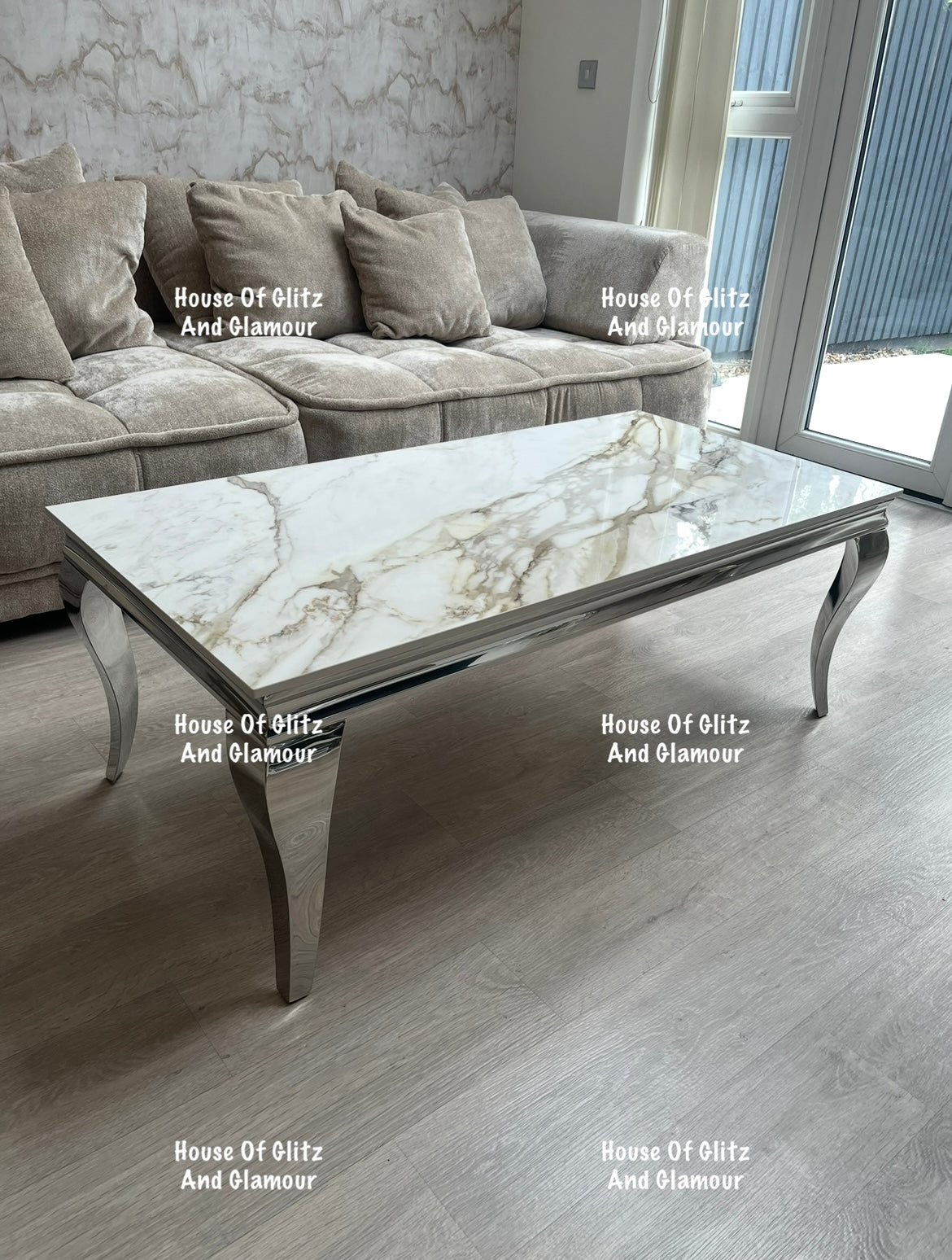 Louis Kata Gold Ceramic & Chrome Coffee Table 120cm x 60cm x 42cm