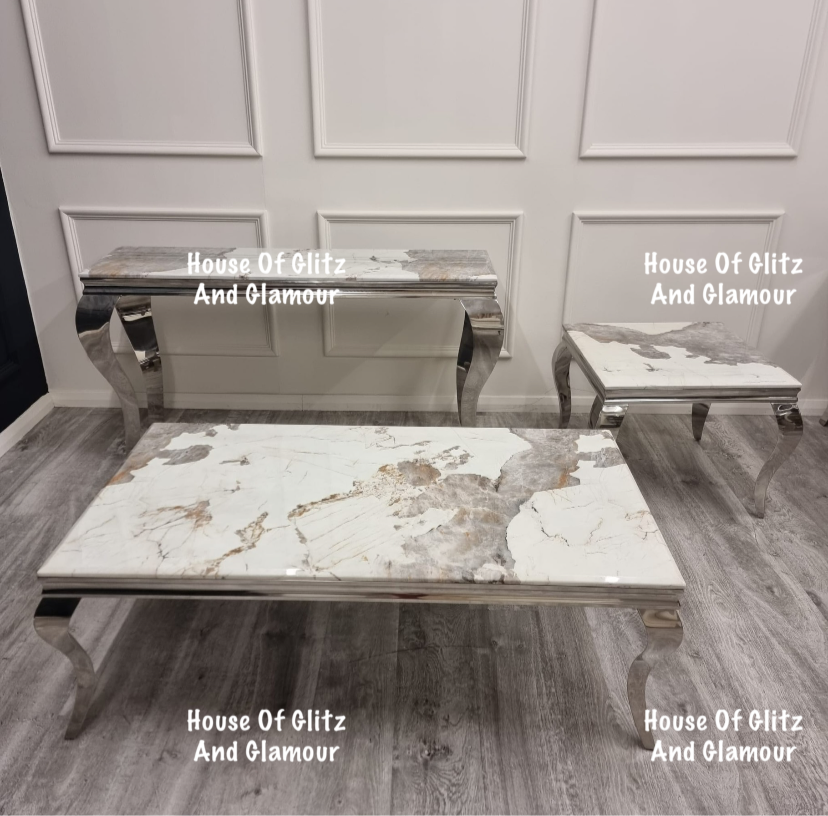 Louis Cream Coffee Table With Chrome Legs And Pandora Sintered Top (130cm x 70cm)