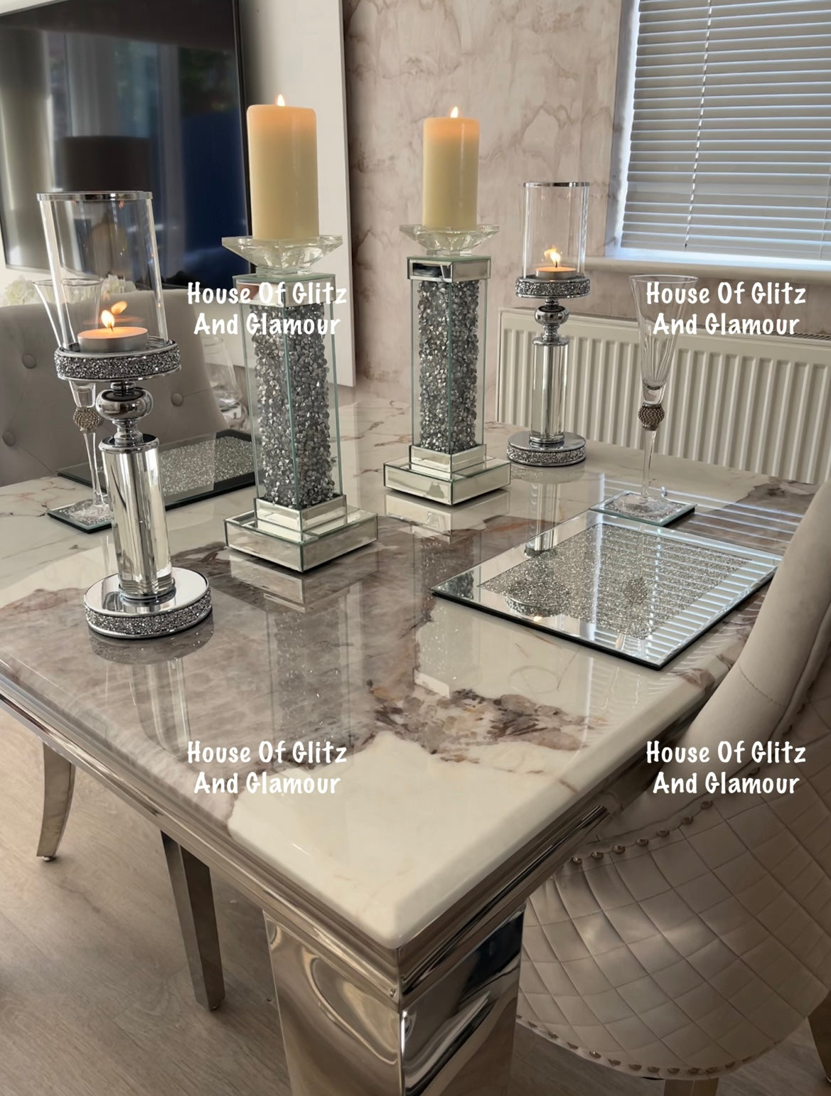 Louis Cream Dining Table With Chrome Legs And Pandora Marble Top