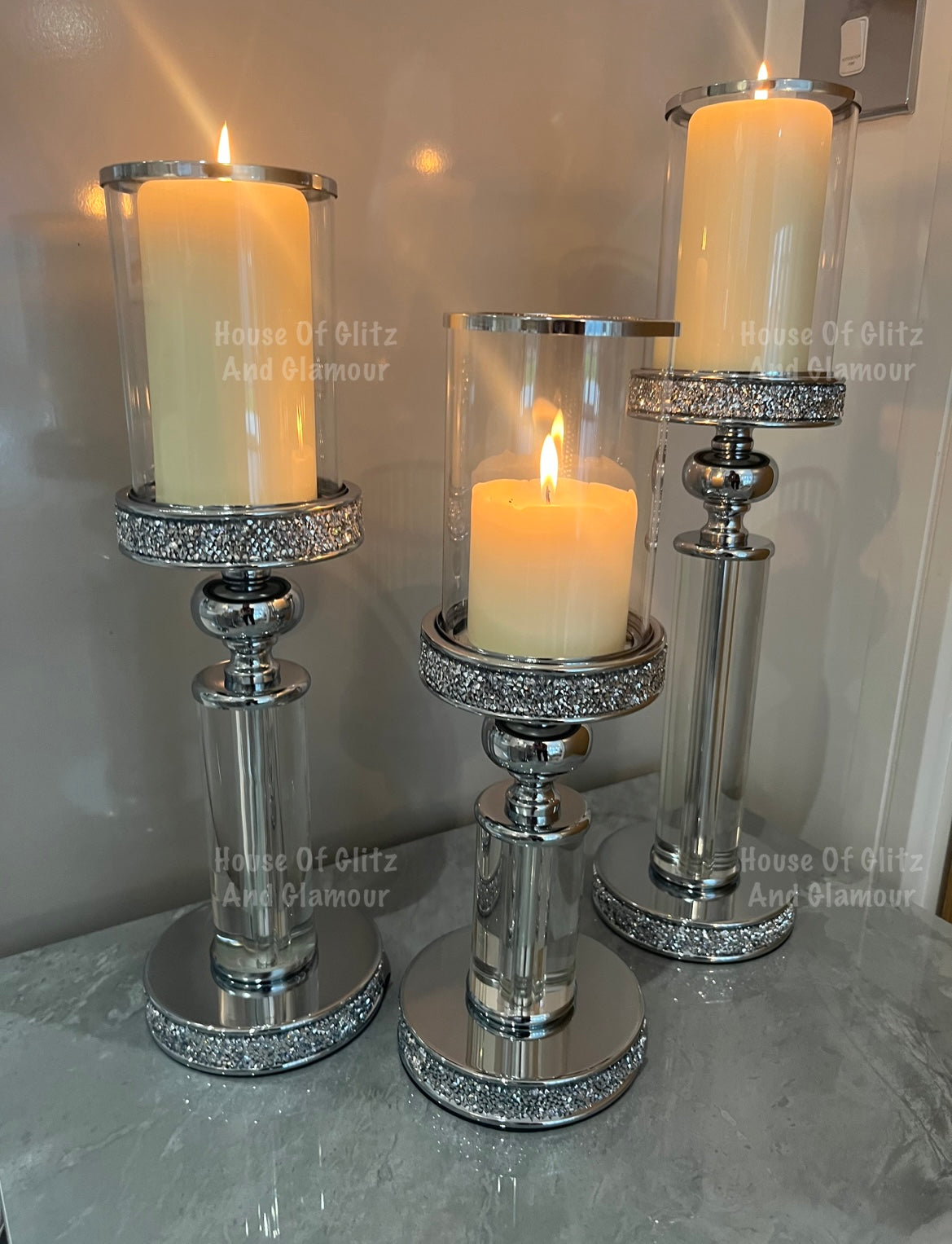 Silver Glass & Glitz Hurricane Candle Holder