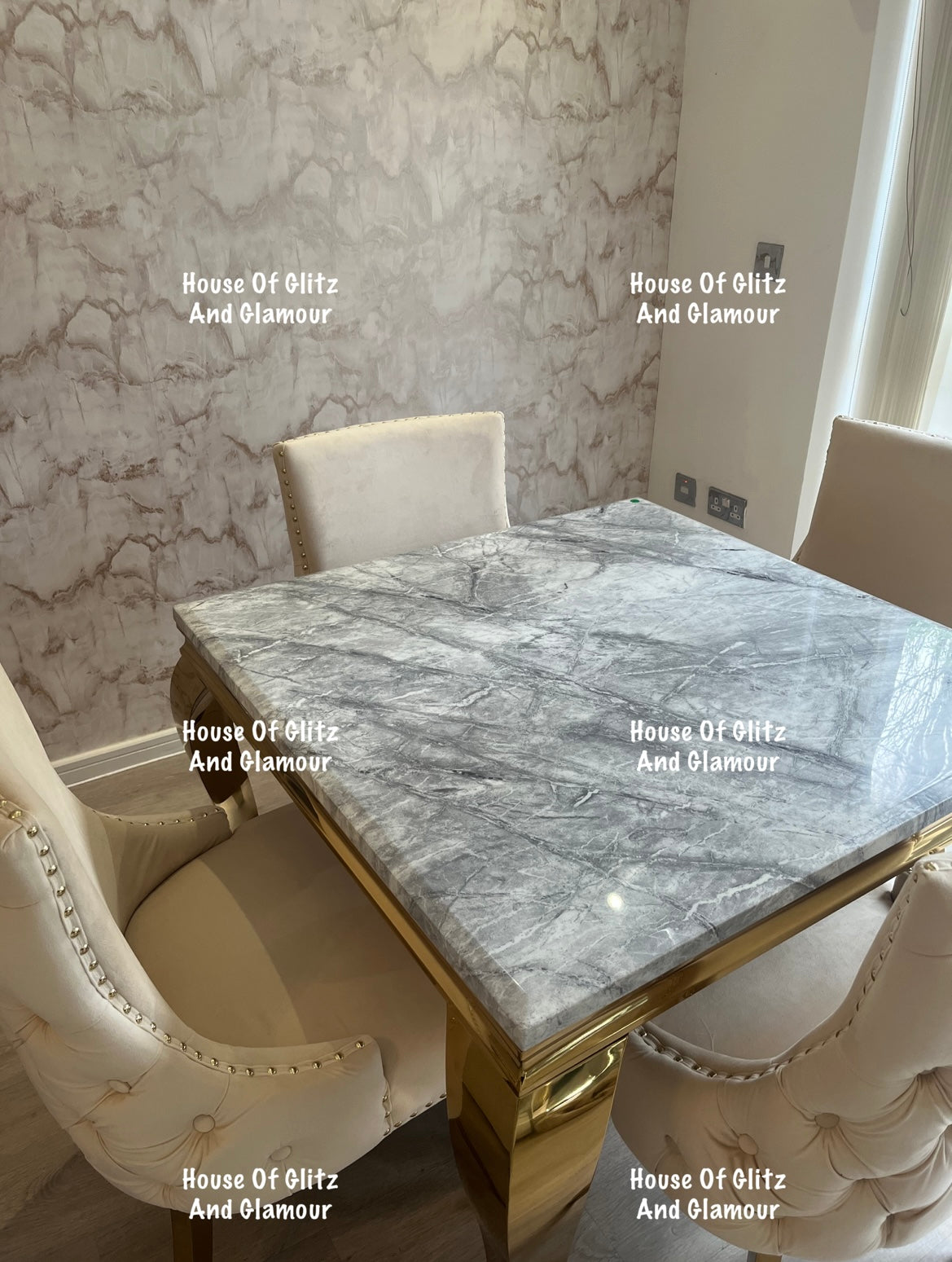 Louis 1m x 1m Grey Marble Dining Table + 4 Bentley Cream Velvet Studded Back Gold Leg Dining Chairs