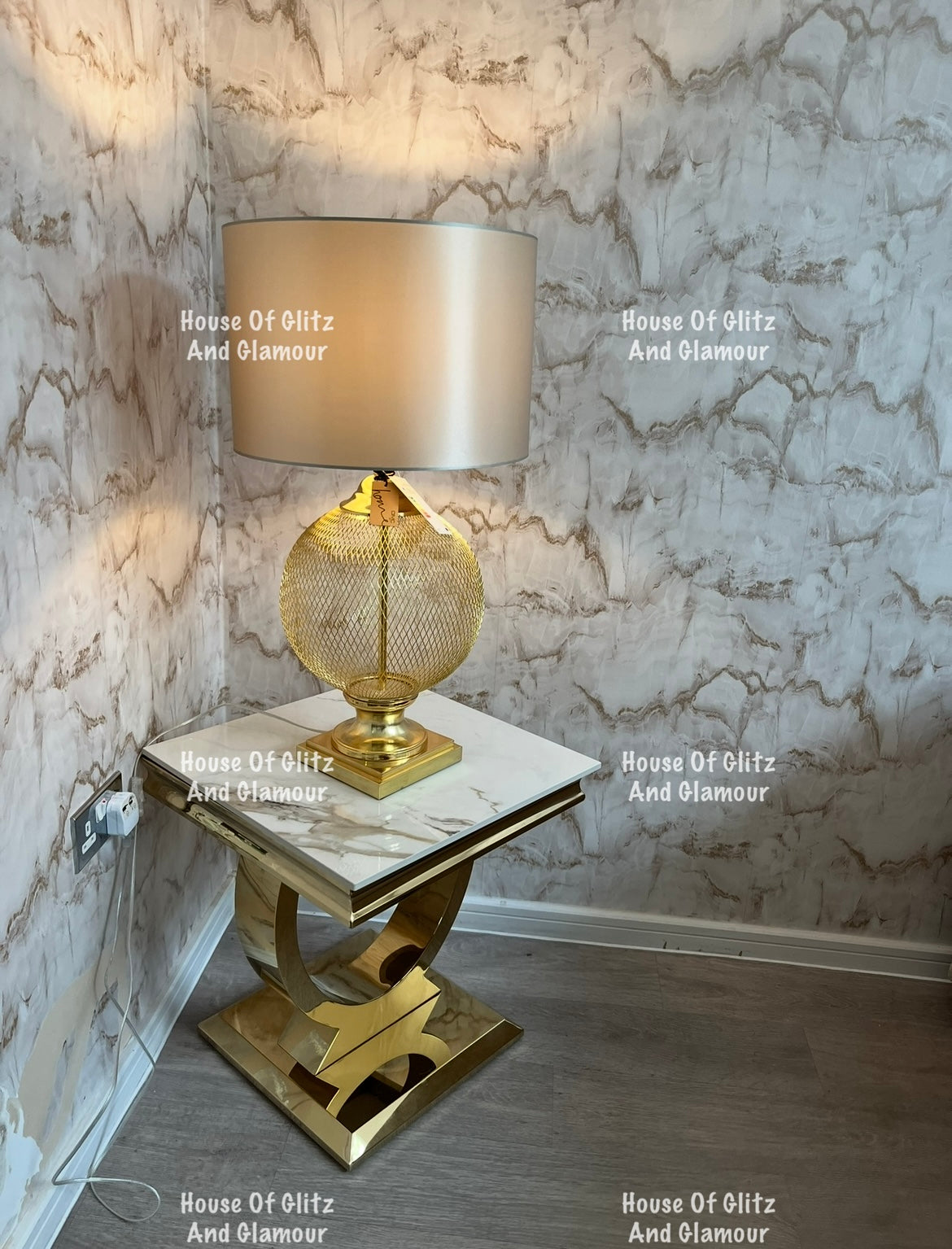 Arianna Kata Gold Marble Patterned Sintered Stone Top & Gold Circular Base Lamp / Side Table 50cm x 50cm
