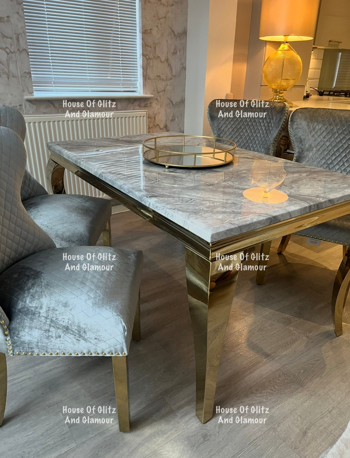 Louis 1.5 Gold Dining Table Set With Grey Marble & Grey & Gold Valentina Velvet Studded Back Dining Chairs x 4