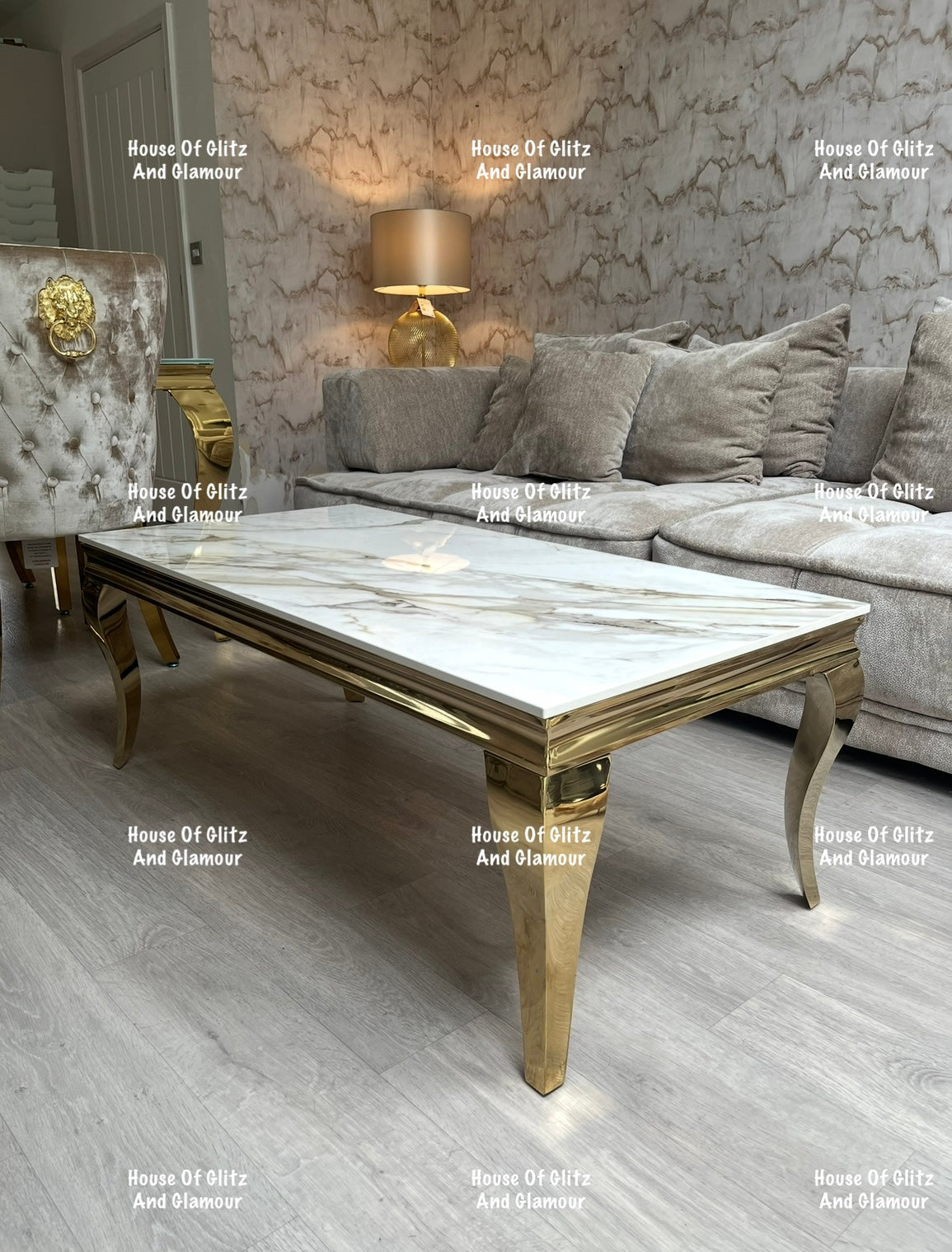Louis Gold Coffee Table With Kata Gold Marble Patterned Ceramic Top  120cm x 60cm x 42cm