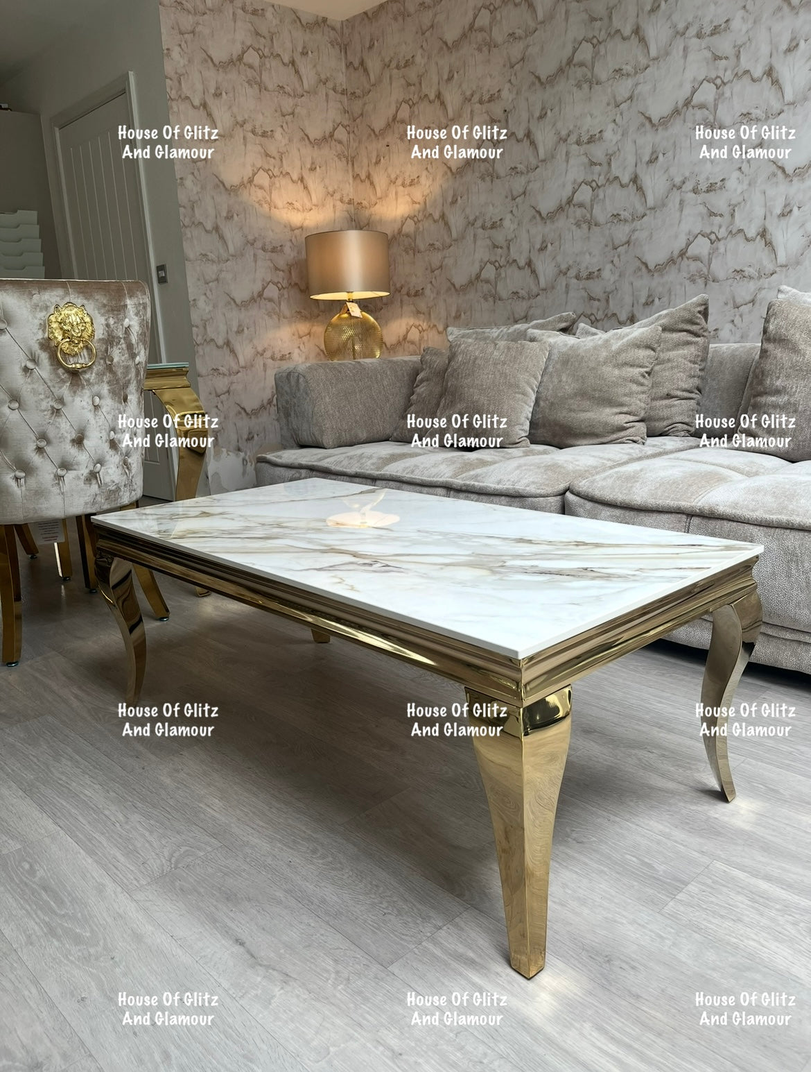 Louis Gold Coffee Table With Kata Gold Marble Patterned Ceramic Top  120cm x 60cm x 42cm