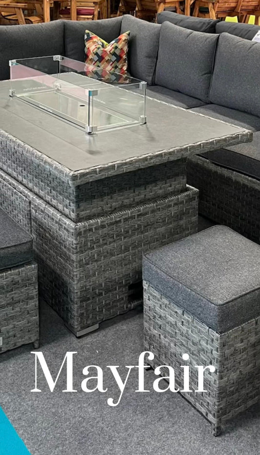 MAYFAIR FIRE PIT Corner Sofa with Rising Table & Fire Pit plus 3 Stools in Grey