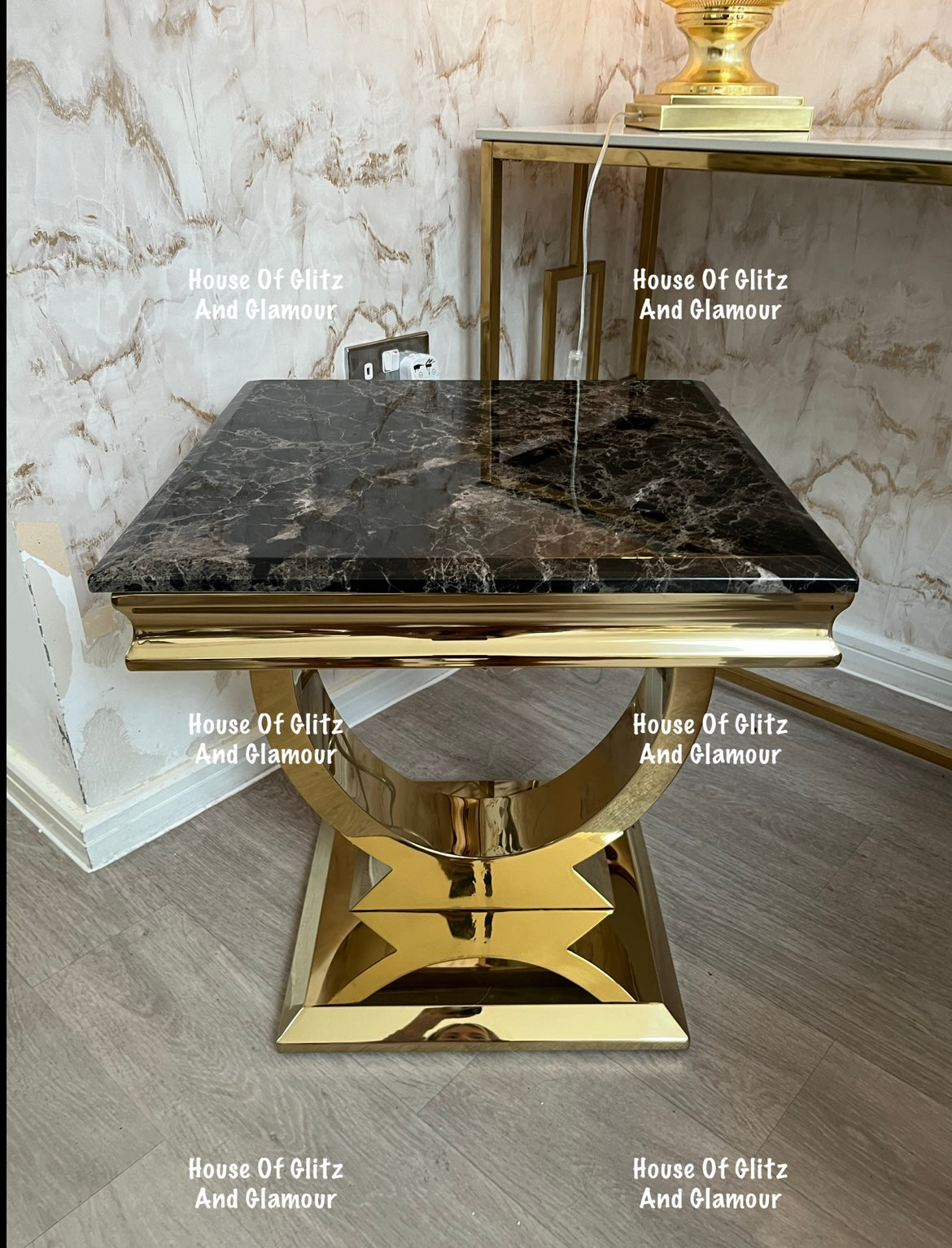 Arianna Black Marble & Gold Circular Lamp / Side Table 50cm x 50cm