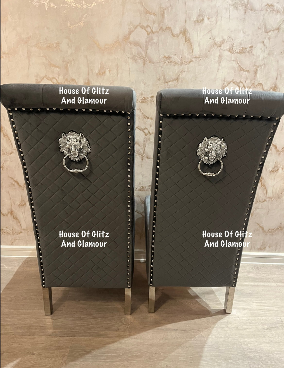 Lou Lou High Back Dark Grey Velvet Lion Knocker Back Dining Chair