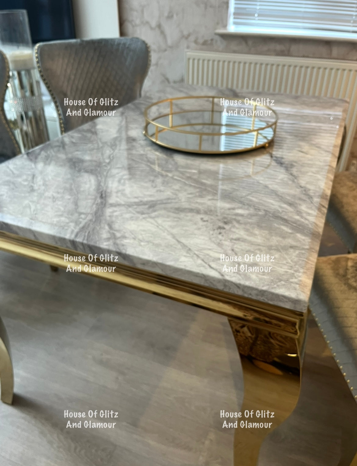 Louis 1.5 Gold Dining Table Set With Grey Marble & Grey & Gold Valentina Velvet Studded Back Dining Chairs x 4