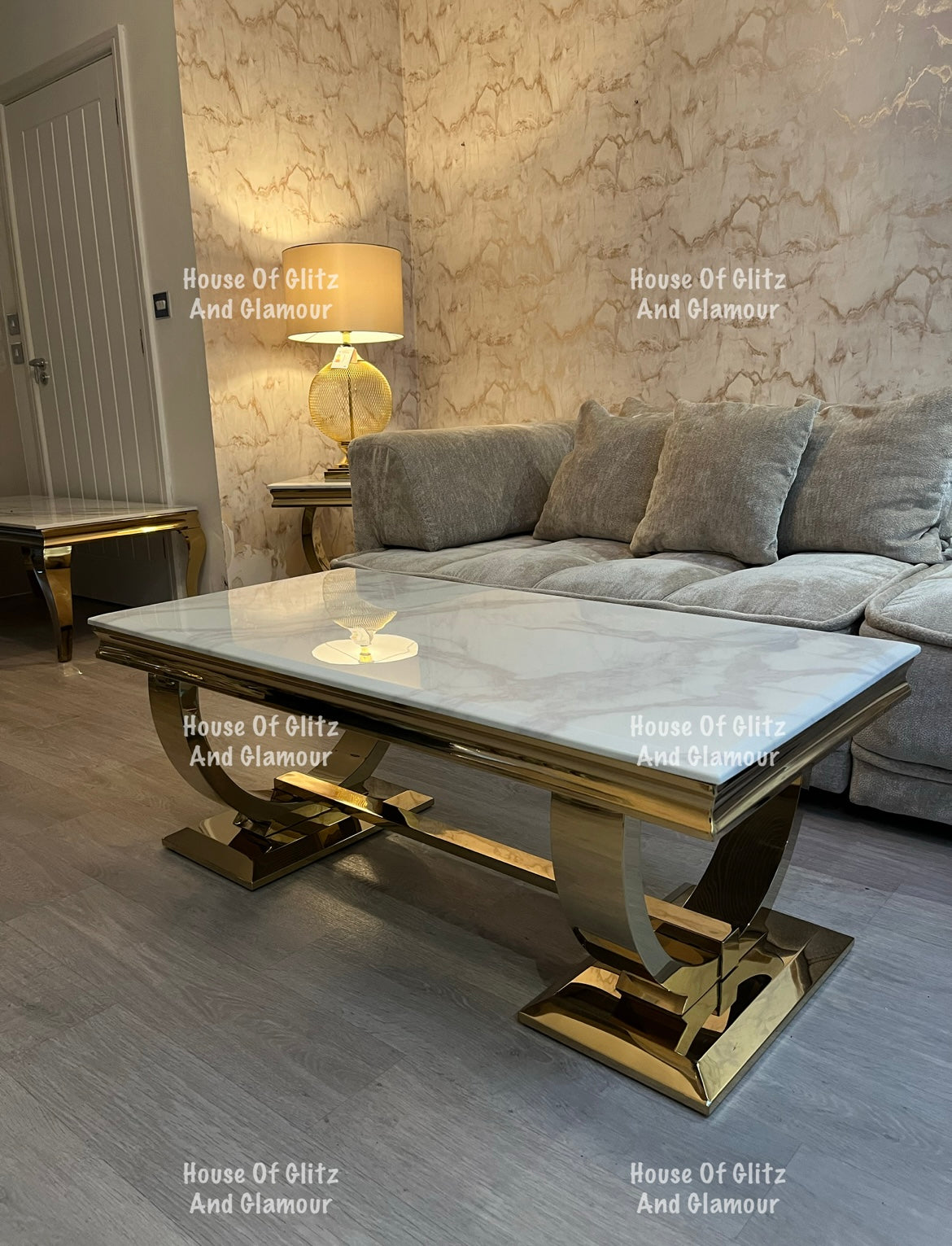 Arianna Gold & White Marble Circular Base Coffee Table 130cm x 70cm x 42cm