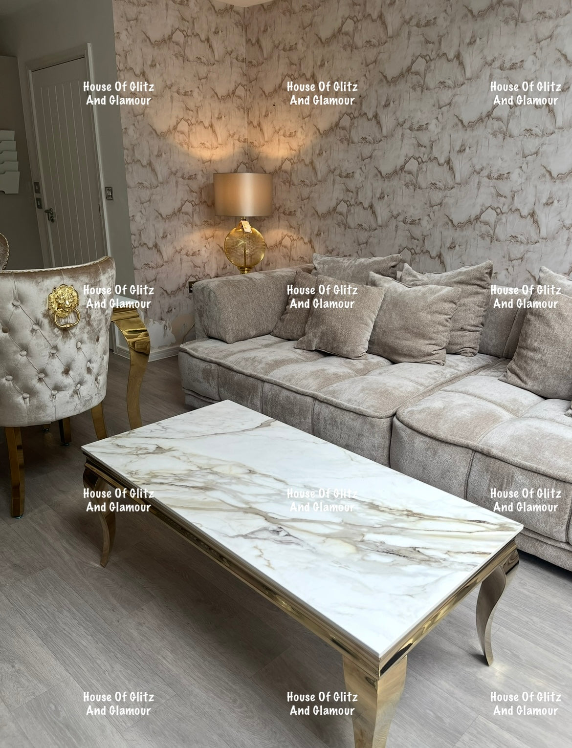 Louis Gold Coffee Table With Kata Gold Marble Patterned Ceramic Top  120cm x 60cm x 42cm