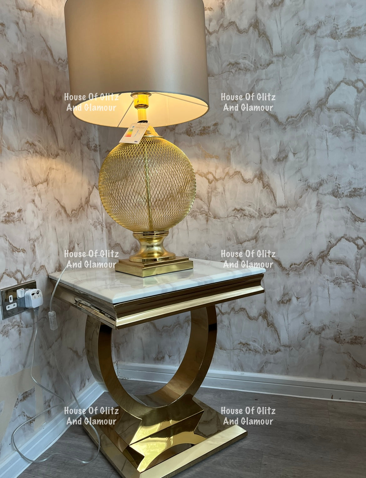 Arianna White Marble & Gold Circular Lamp / Side Table 50cm x 50cm