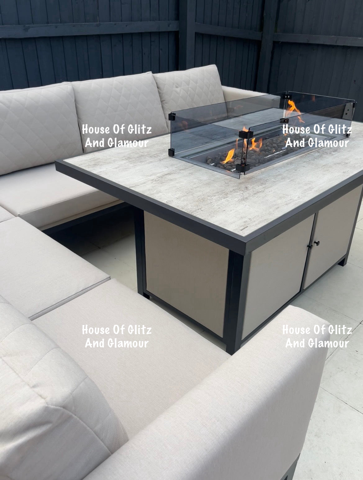 Vancouver Cream 10 Seater Aluminium L Shape Corner Sofa Dining Set with Fire Pit Table