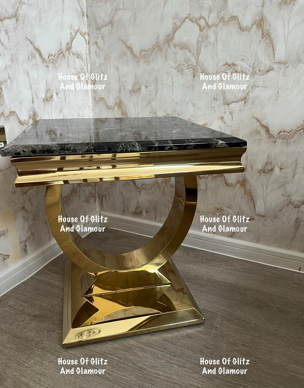 Arianna Black Marble & Gold Circular Lamp / Side Table 50cm x 50cm