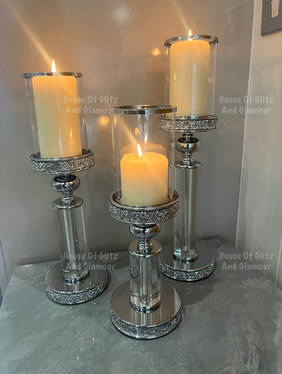 Silver Glass & Glitz Hurricane Candle Holder