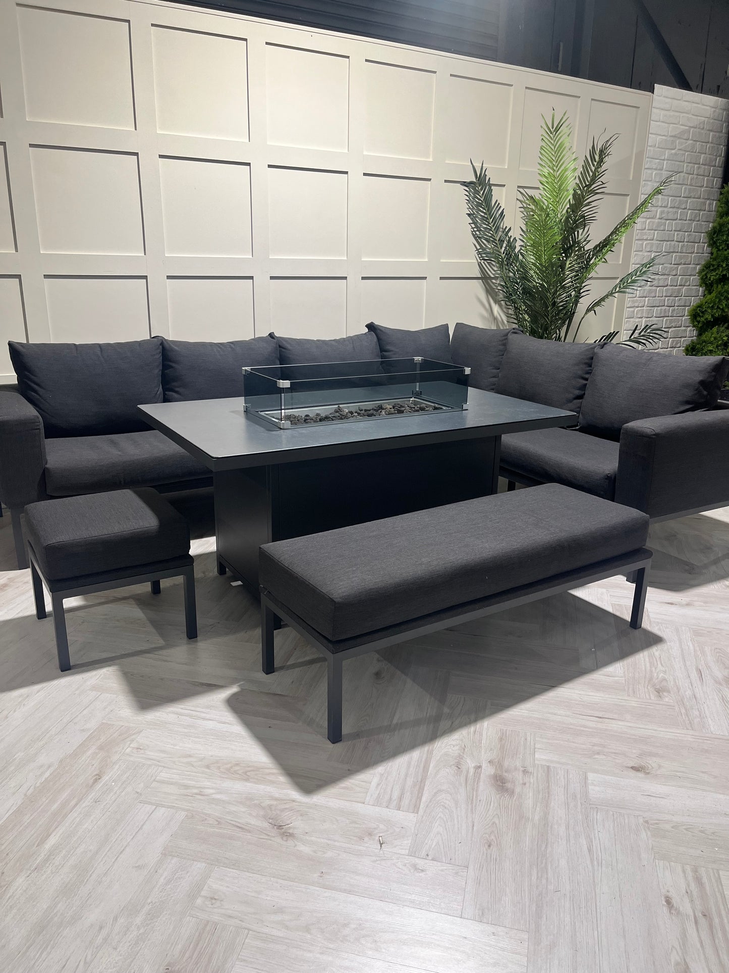 Vancouver Aluminium Firepit Garden Corner Sofa Dining Table Set