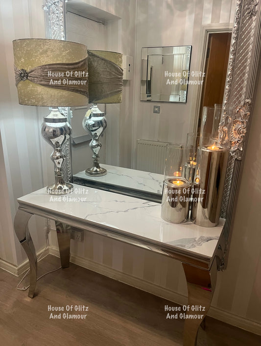 Louis White Sintered Stone & Chrome Console Table 120cm x 40cm x 75cm