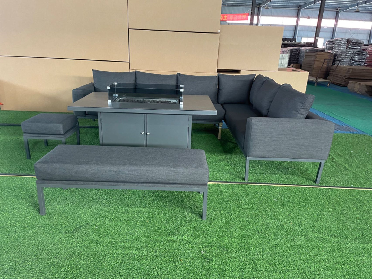 Vancouver Aluminium Firepit Garden Corner Sofa Dining Table Set