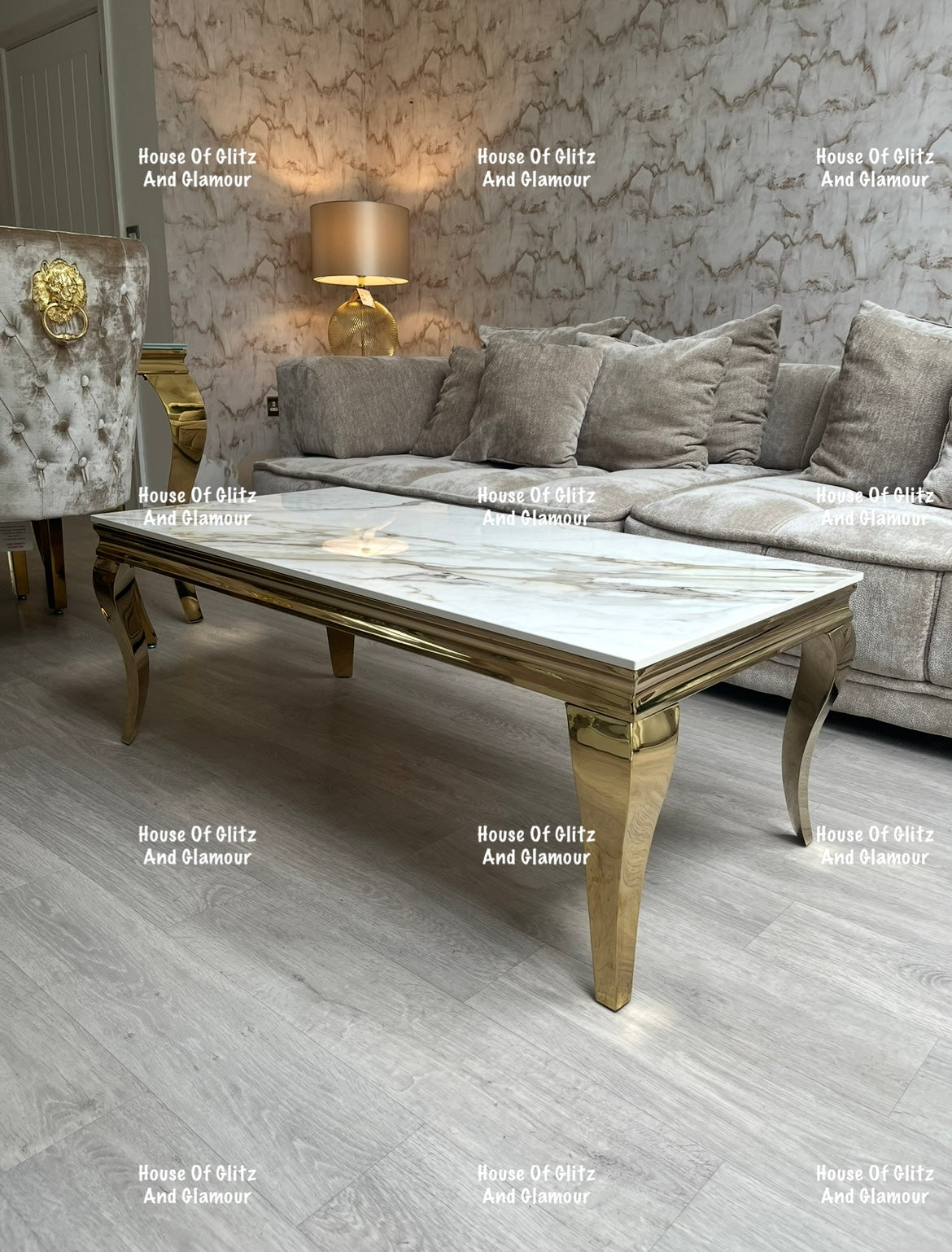 Louis Gold Coffee Table With Kata Gold Marble Patterned Ceramic Top  120cm x 60cm x 42cm