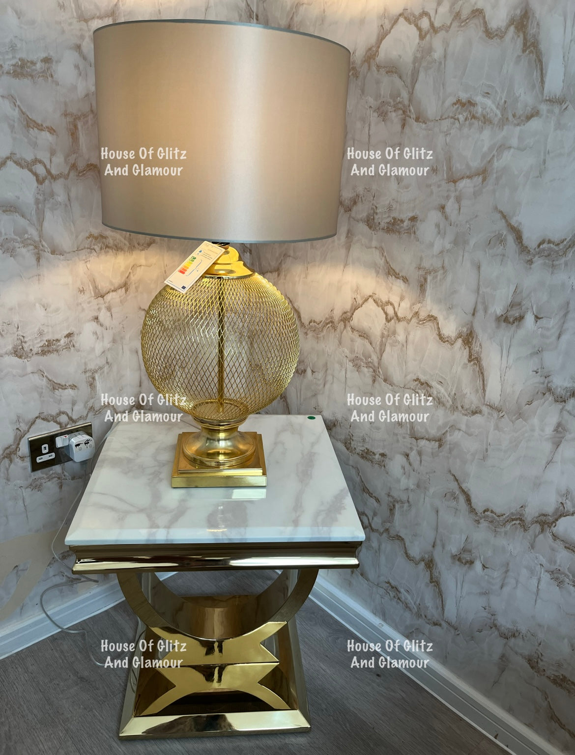 Arianna White Marble & Gold Circular Lamp / Side Table 50cm x 50cm