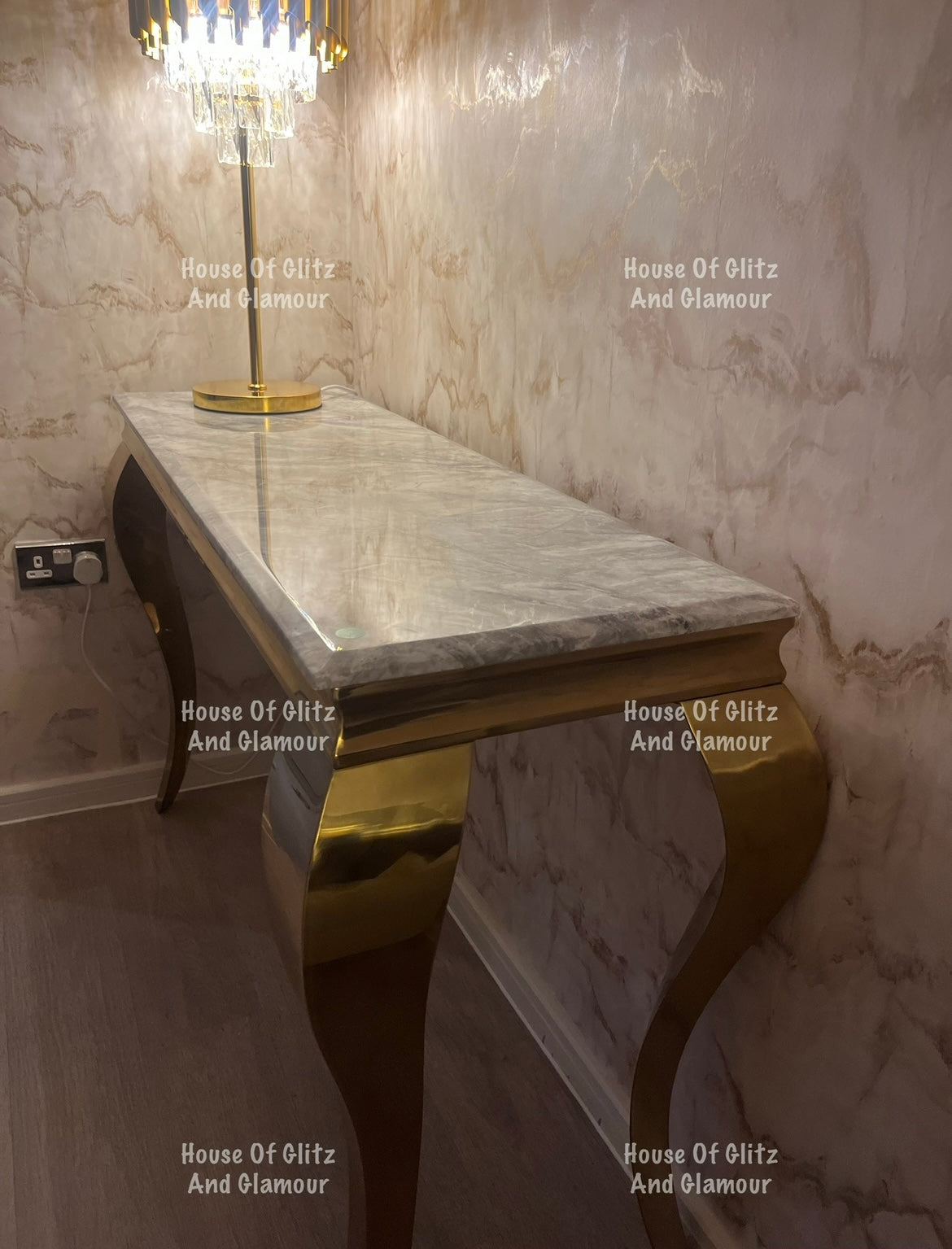 Louis Gold Console Table With Grey Marble Top  120cm x 40cm x 75cm