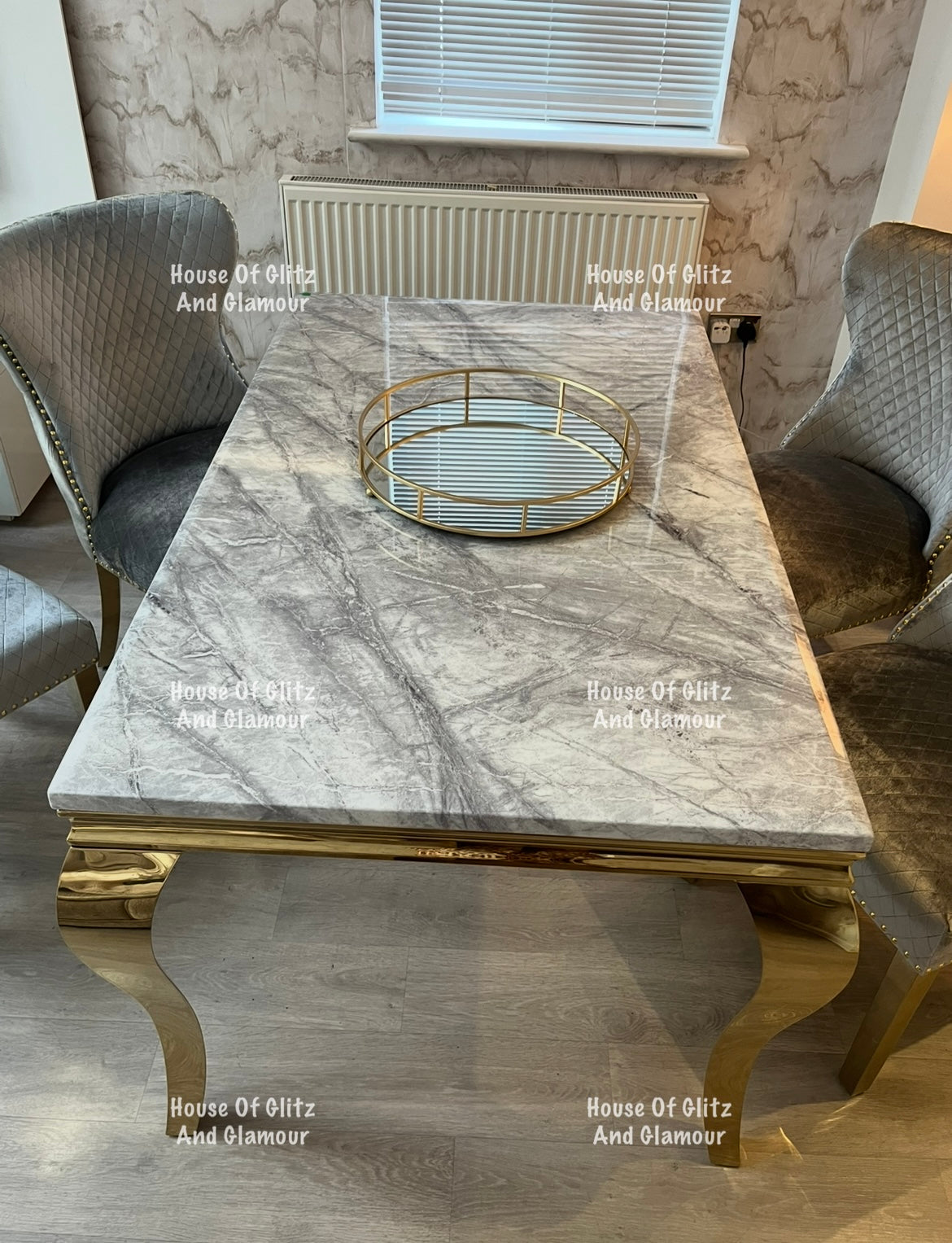 Louis 1.5 Gold Dining Table Set With Grey Marble & Grey & Gold Valentina Velvet Studded Back Dining Chairs x 4