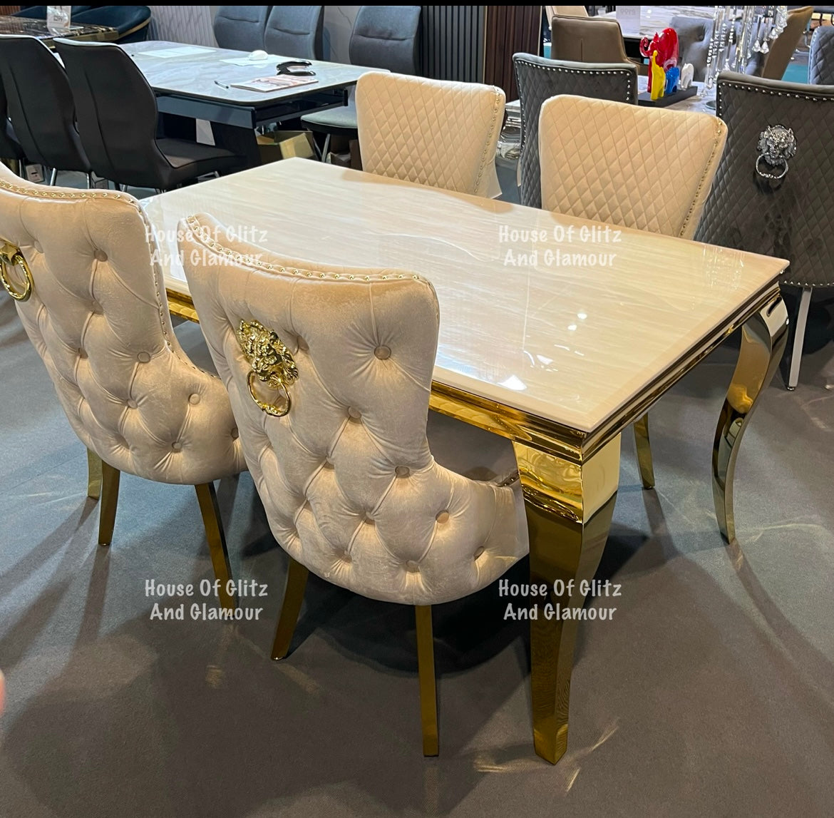 Louis Cream Marble Dining Table With Gold Legs