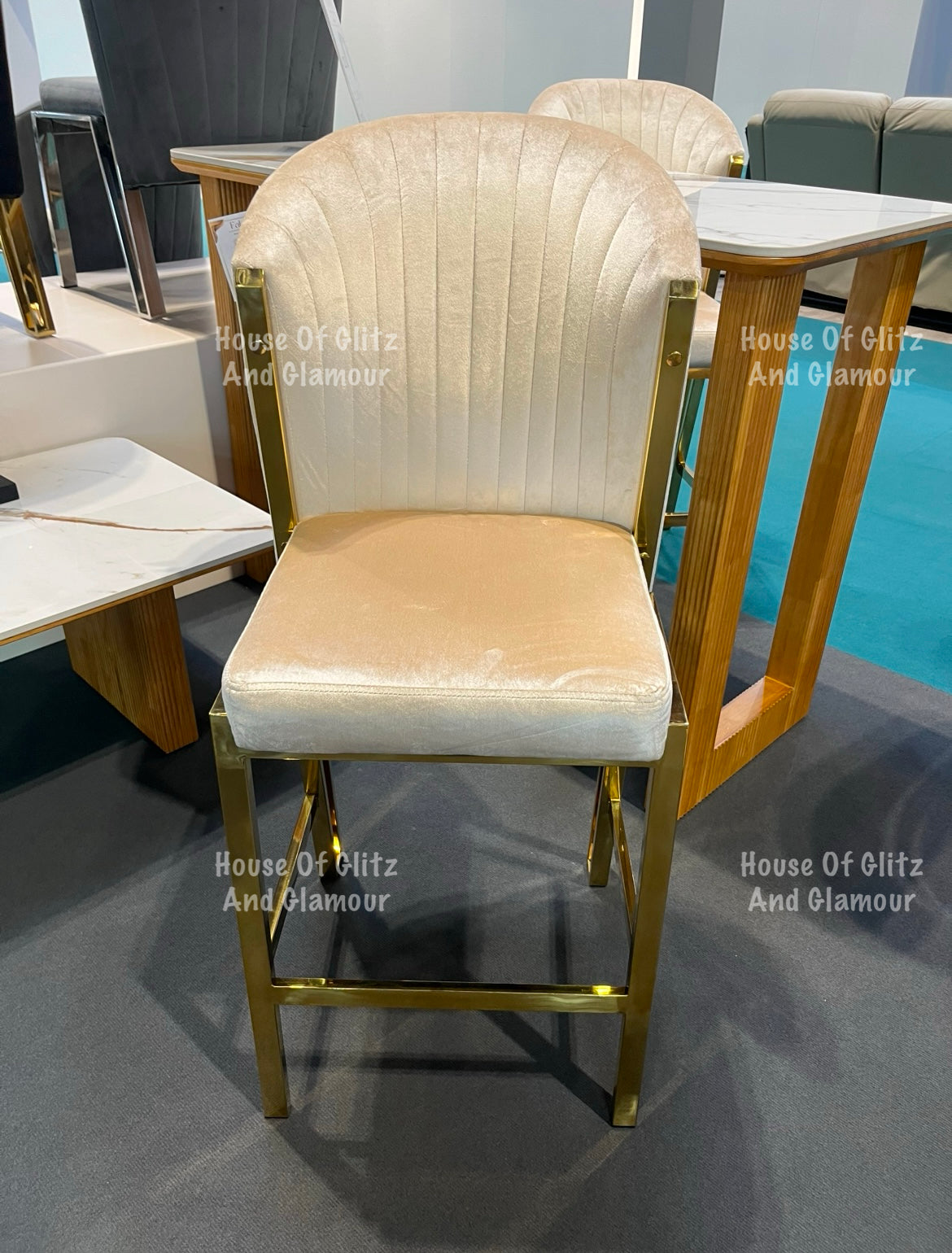 Fabi Cream Velvet And Gold Breakfast Stool / Bar Stool