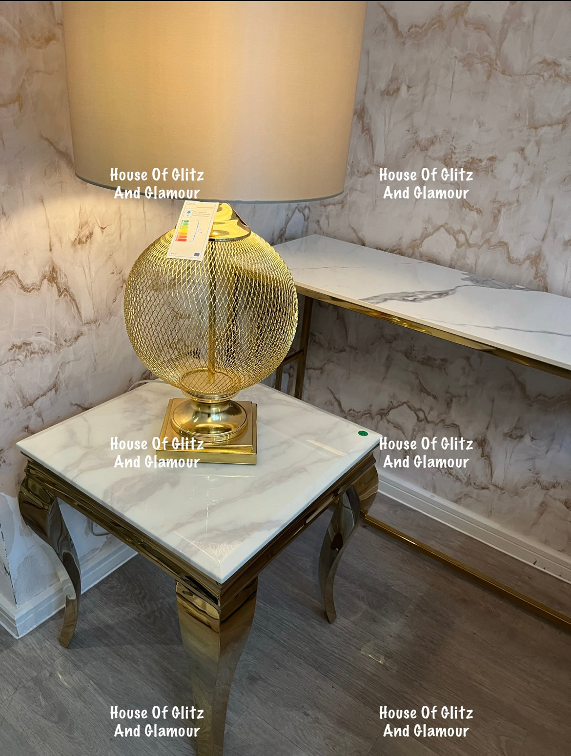 Louis Gold Lamp Table With White Marble Top 50cm x 50cm