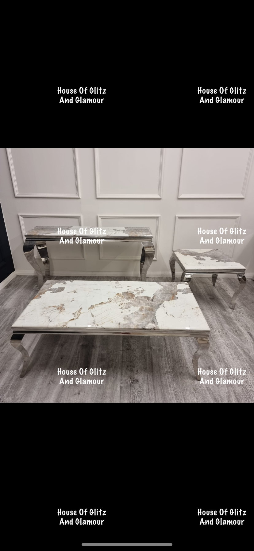 Louis Cream Console Table With Chrome Legs And Sintered Pandora Top 140cm x 40cm x 75cm