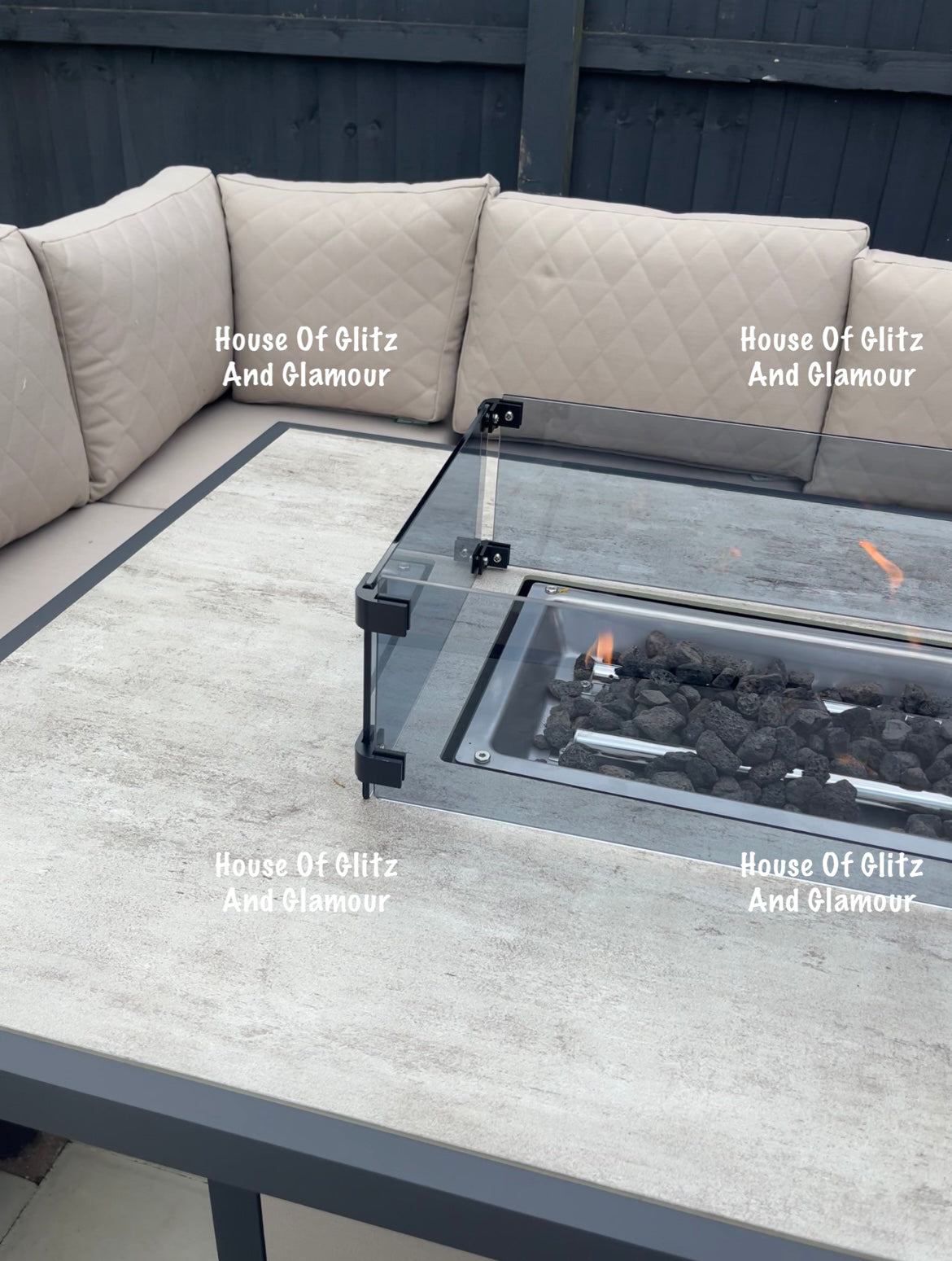 Vancouver Cream 10 Seater Aluminium L Shape Corner Sofa Dining Set with Fire Pit Table