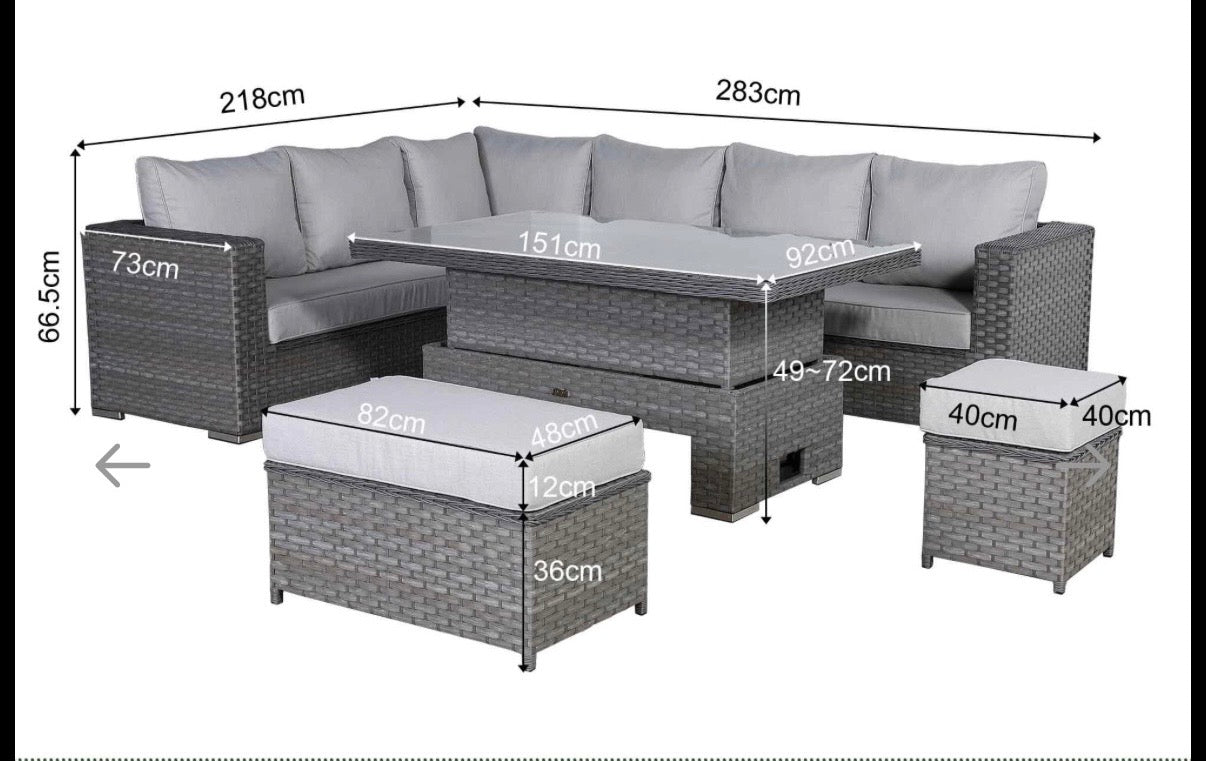 Monte Carlo Grey Rattan Corner Sofa Garden Dining Set With Rising Table - April Pre Order