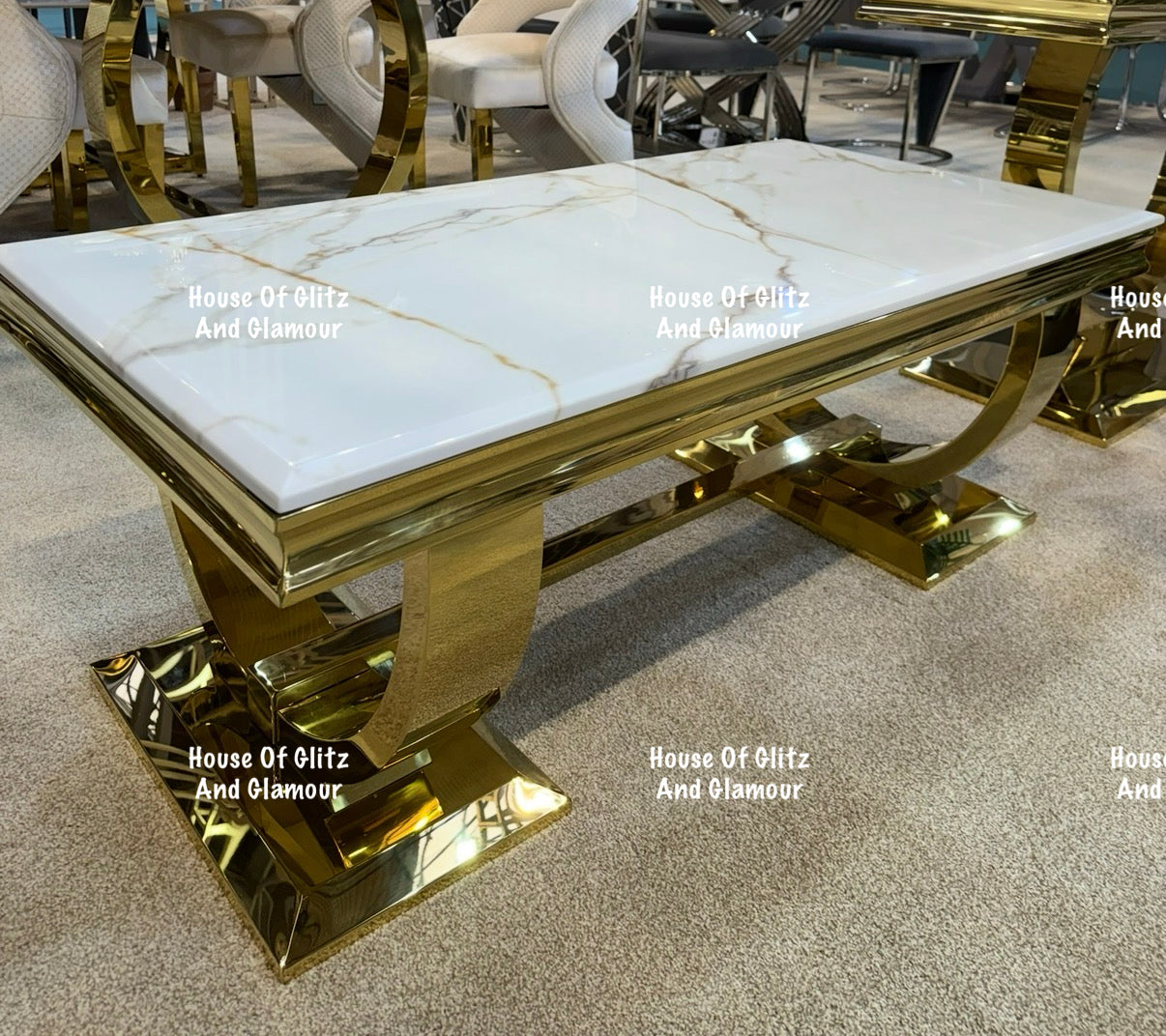 Arianna White Calacatta Effect Marble Gold Circular Base Coffee Table