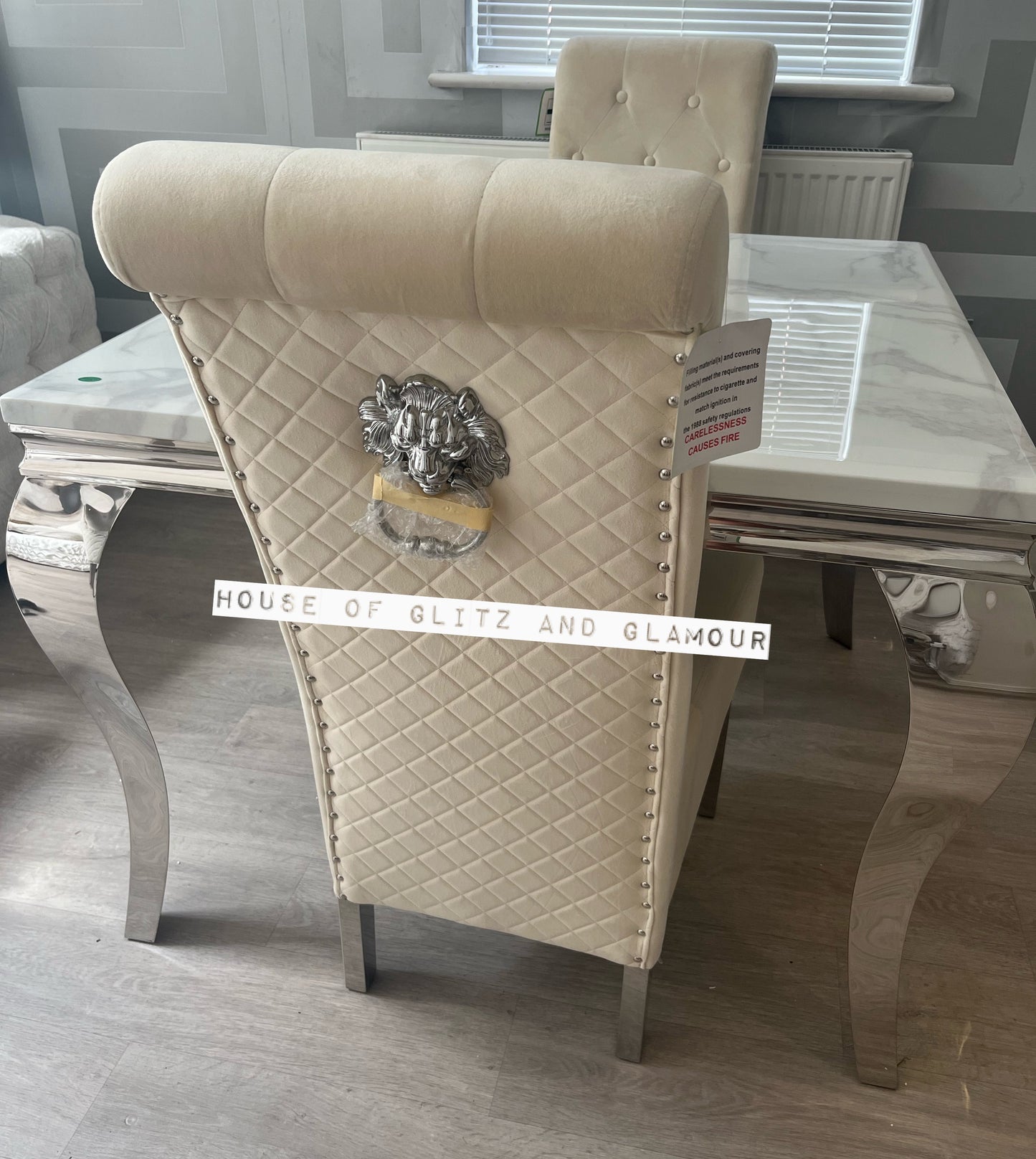Lou Lou High Back Cream ( Vanilla ) Velvet Lion Knocker Back Dining Chair